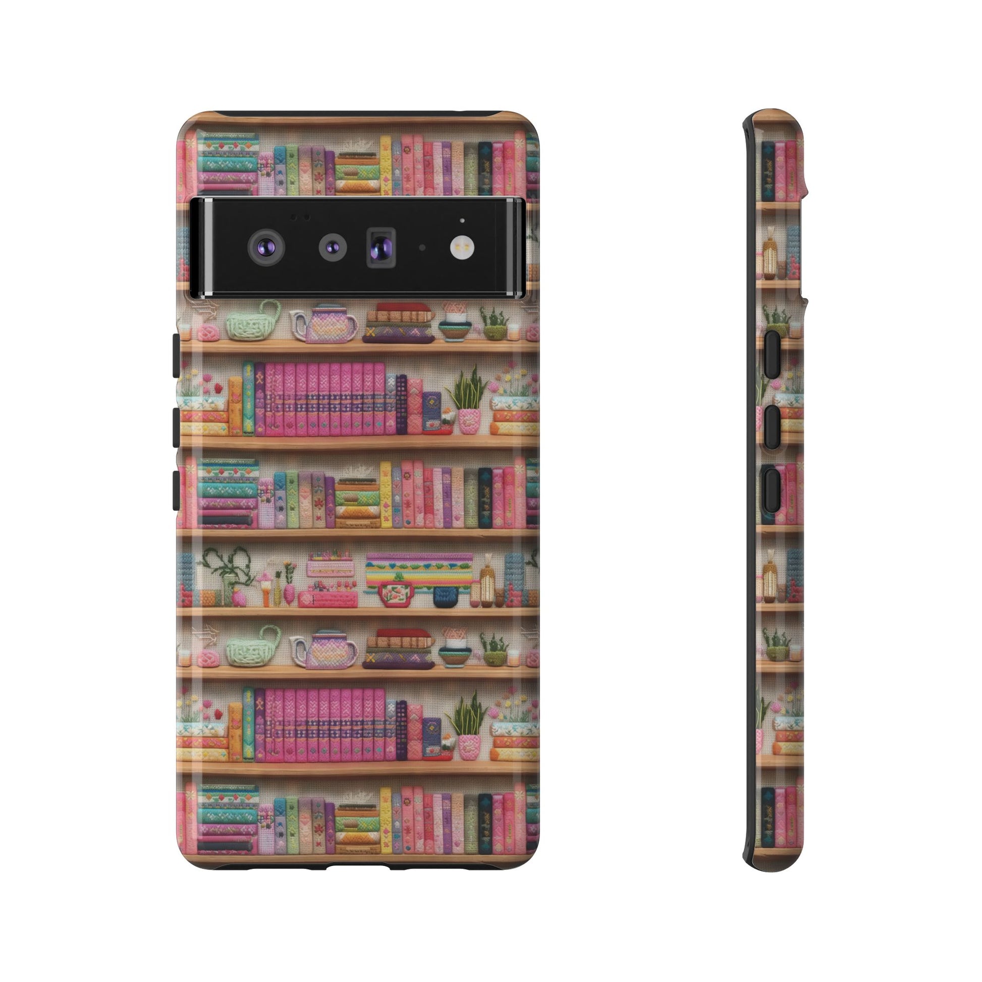 Whimsical 3D Embroidery Illusion Books on Pastel Shelves Phone Case for iPhone, Samsung & Pixel: Unique Accessory for Literary Enthusiasts Gift for Her Perfect for Floral Lover
