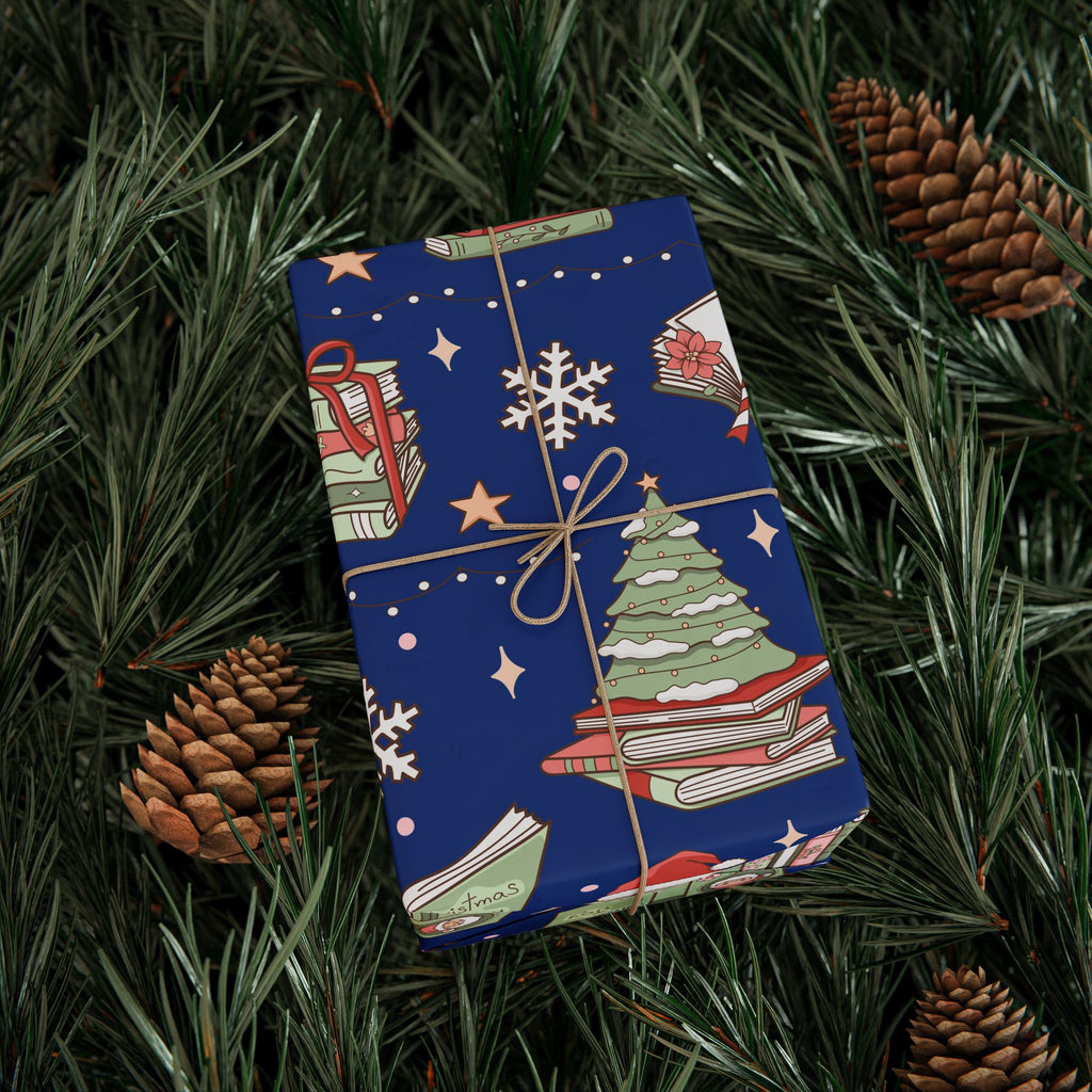 Wrapping Papers Royal Blue Christmas Books and Coffee Design Holiday Gift Wrap