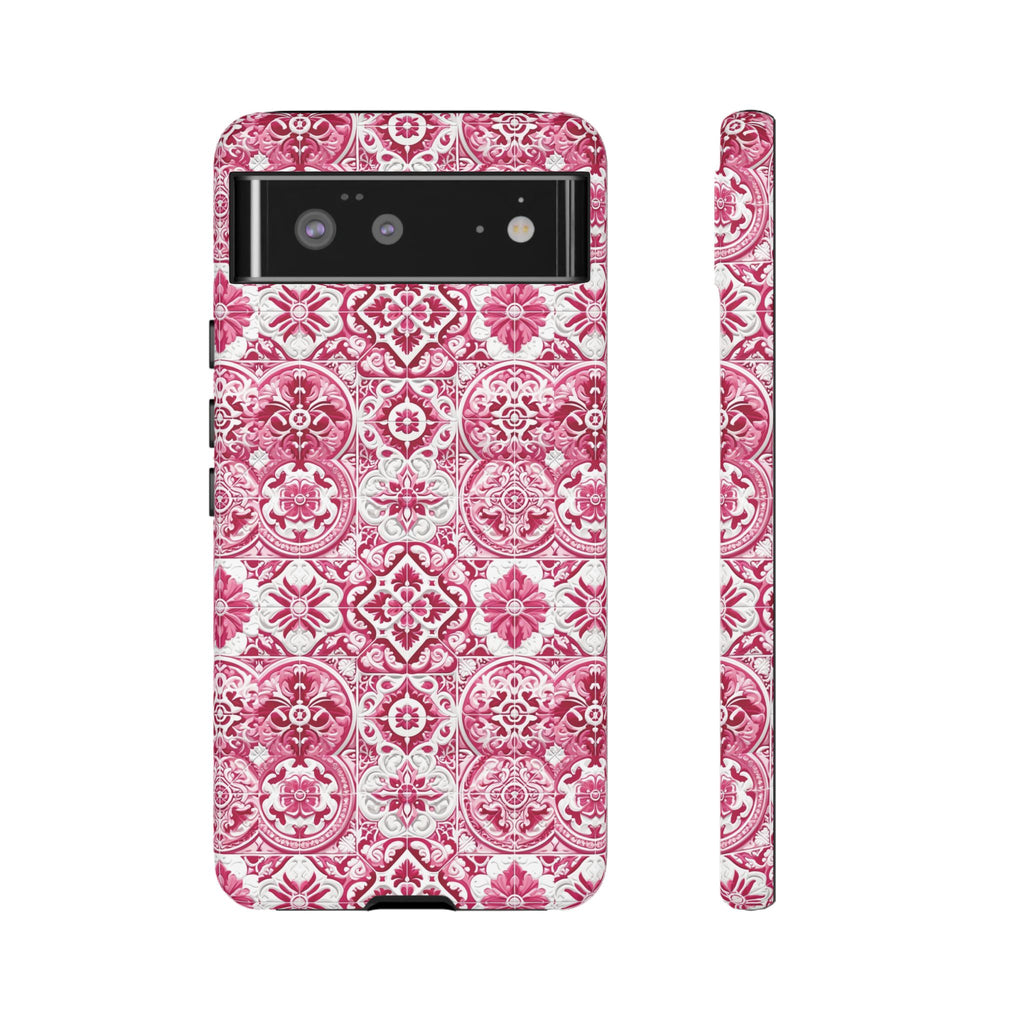 Pink and White Mediterranean Tile Design Phone Case - Stylish, Protective Cover for All Models Gift for Mom Accessory Gift for Her
