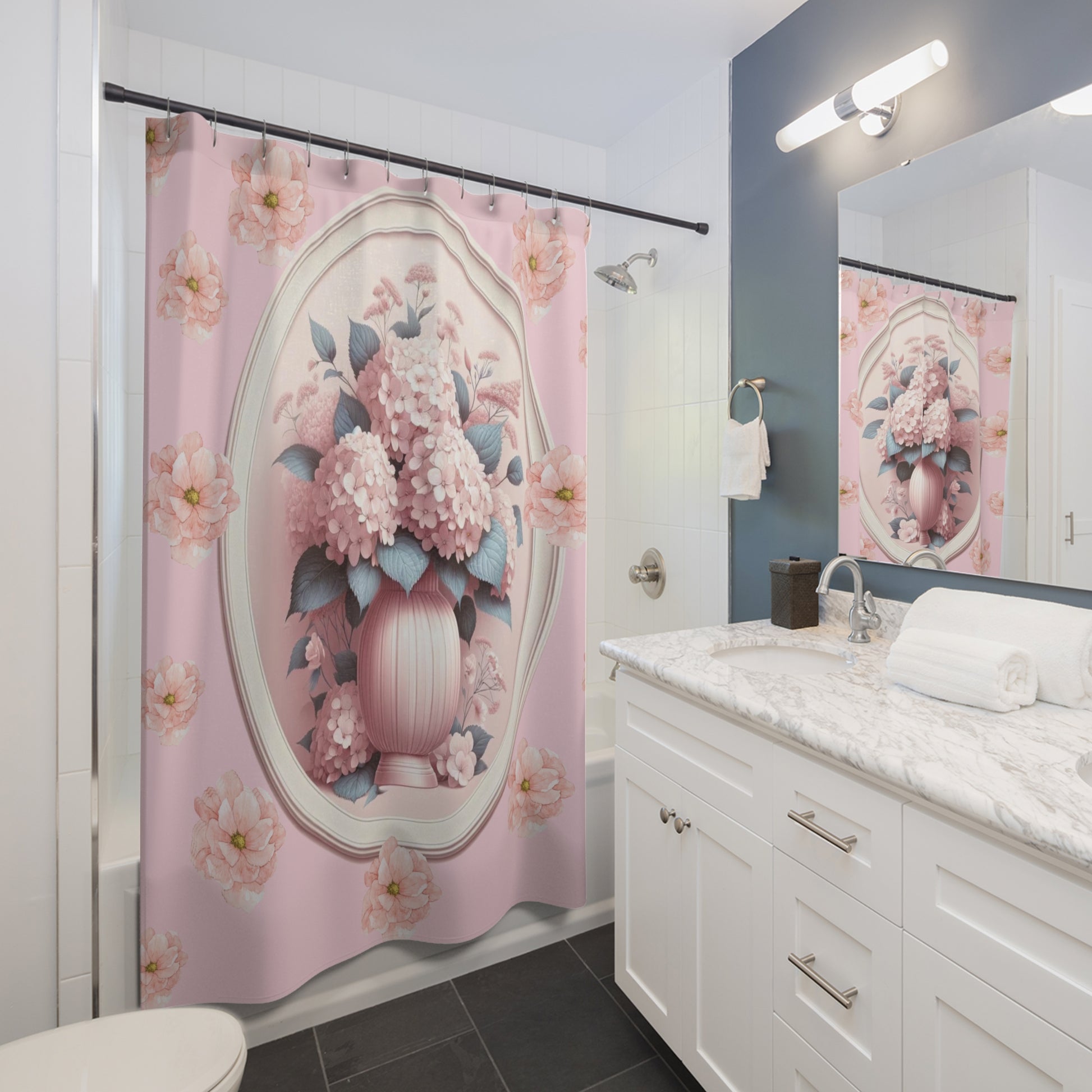 Elegant Pink Victorian Chinoiserie Hydrangeas Shower Curtain Luxurious Bathroom Decor, Ideal Housewarming Wedding Gift for Mom New House Gift Newlywed.