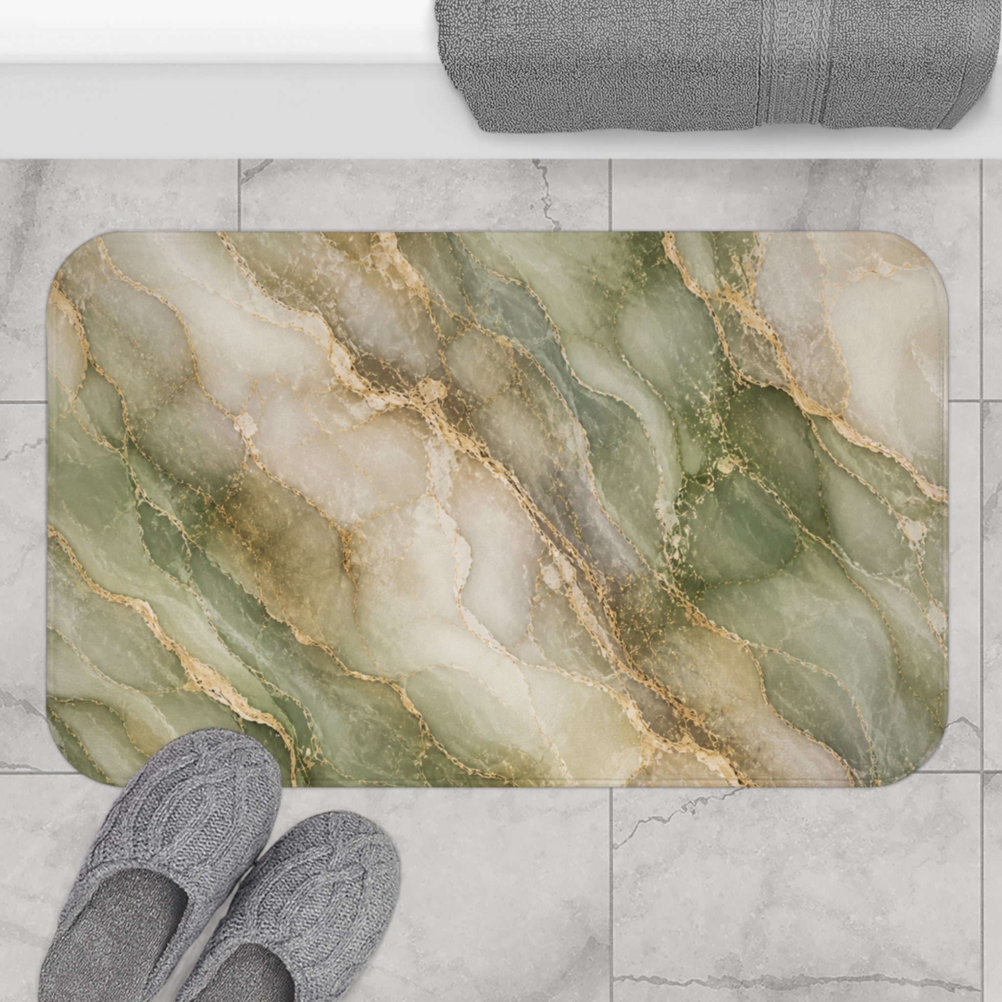 Sage Green Marble Bath Mat — Gold Vein Luxury Absorbent Bathroom Rug