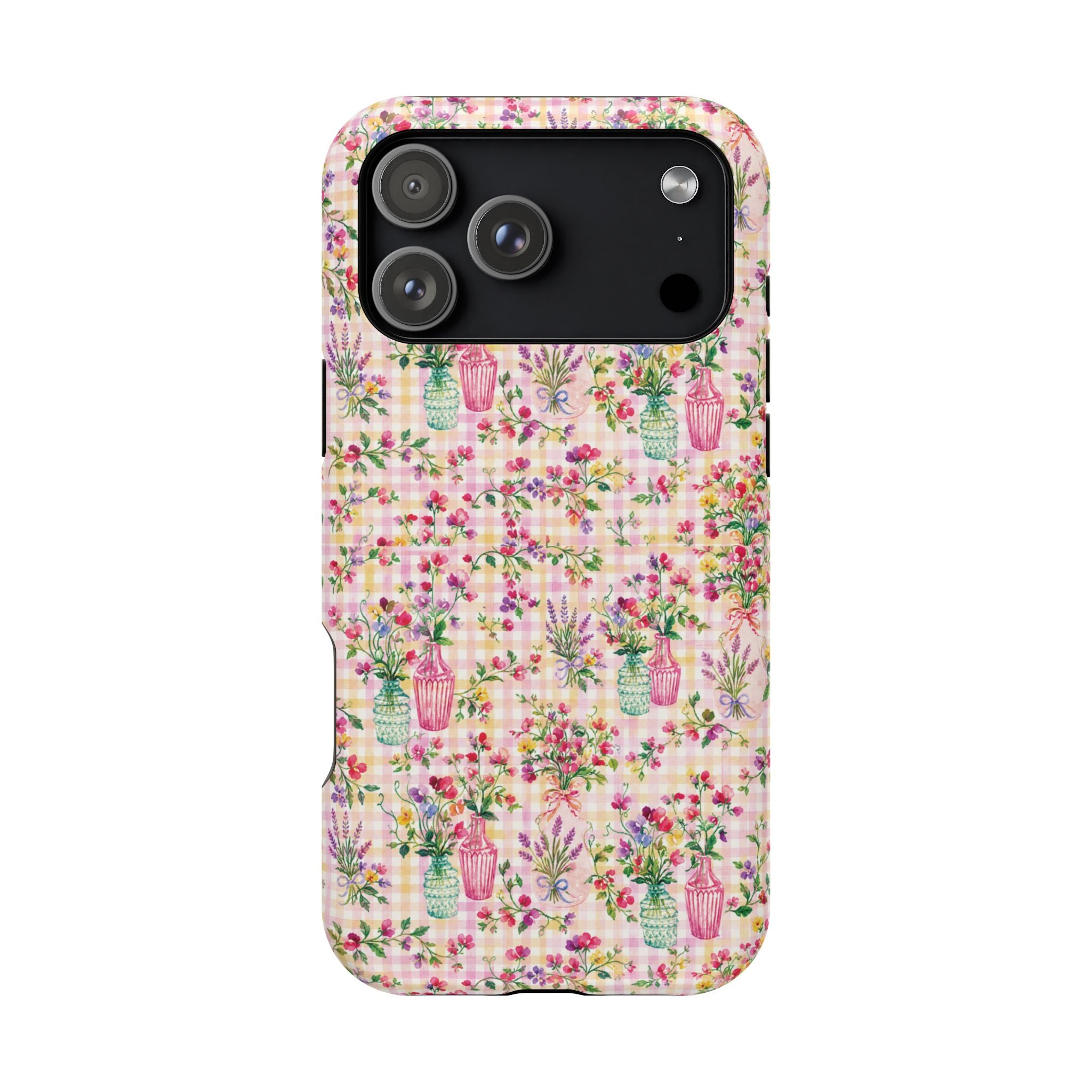 Turquoise & Pink Floral Checker Phone Case — Magnetic Impact-Resistant
