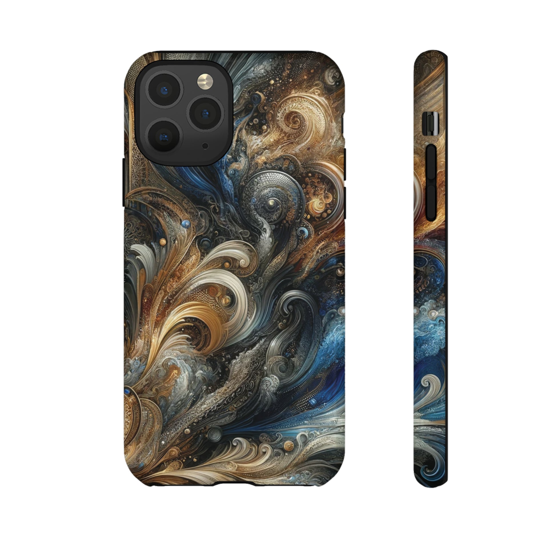 Gold and Navy Art Design Luxury Phone Tough Case Floral Elegant Durable Stylish for Modern Devices iPhone 15, Samsung iPhone Samsung Accessory Gift for Her.