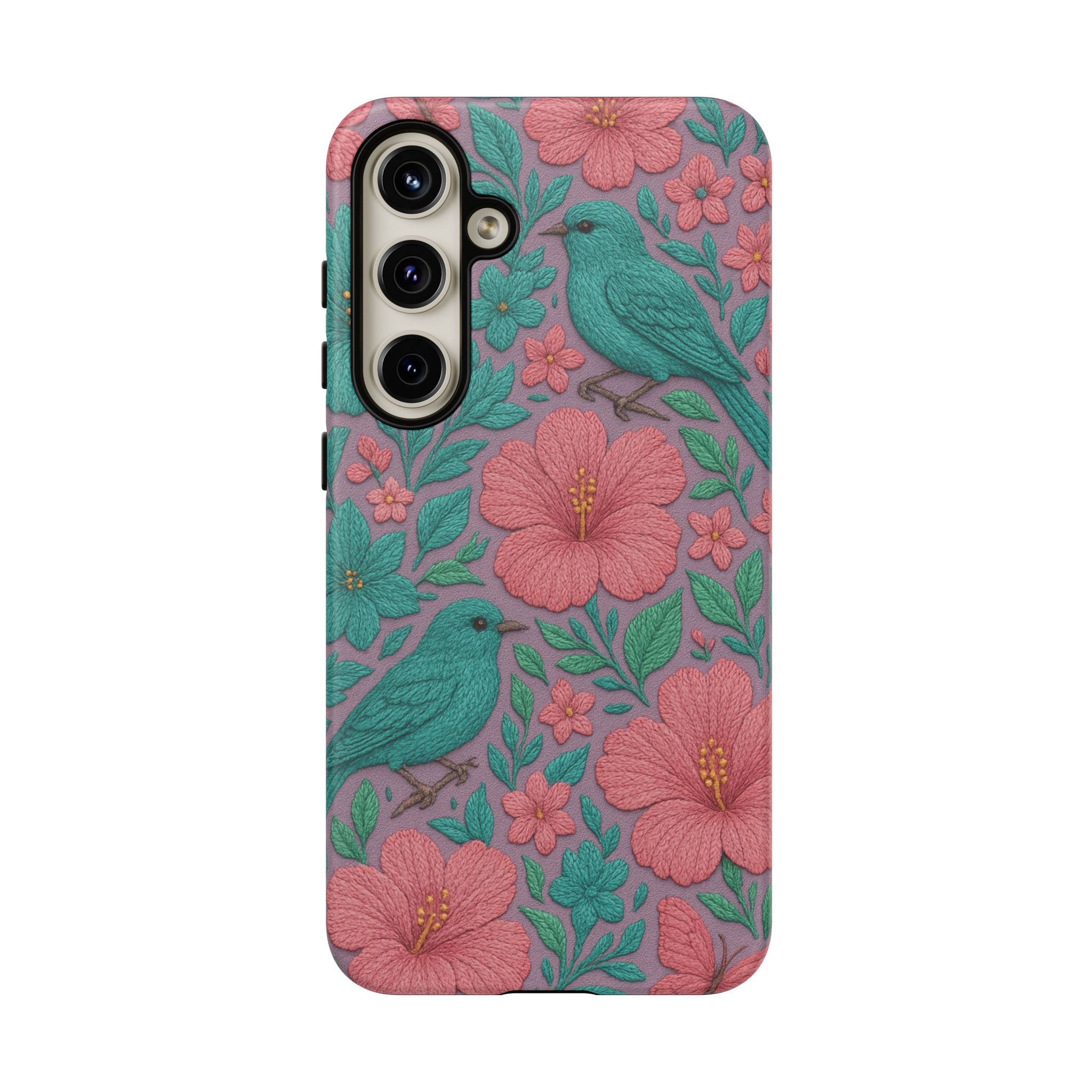 Turquoise, Pink and Lavender 3D Embroidery Illusion Phone Case Tropical Flowers, Birds & Butterflies Cover with Bold, Realistic Floral Texture iPhone, Samsung