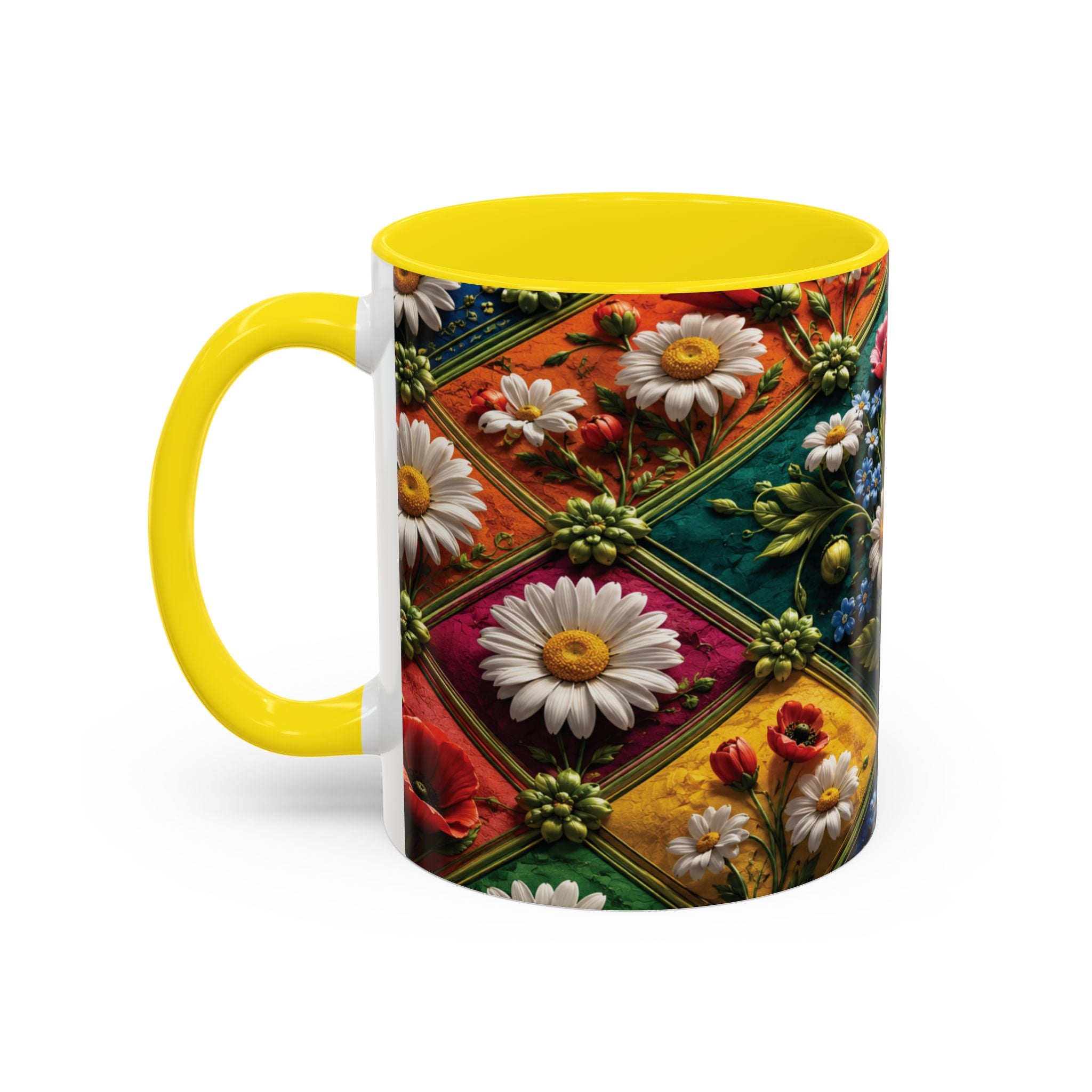 Floral Patchwork Accent Coffee Mug — Colorful Poppies & Daisies (11/15oz) 3D Illusion