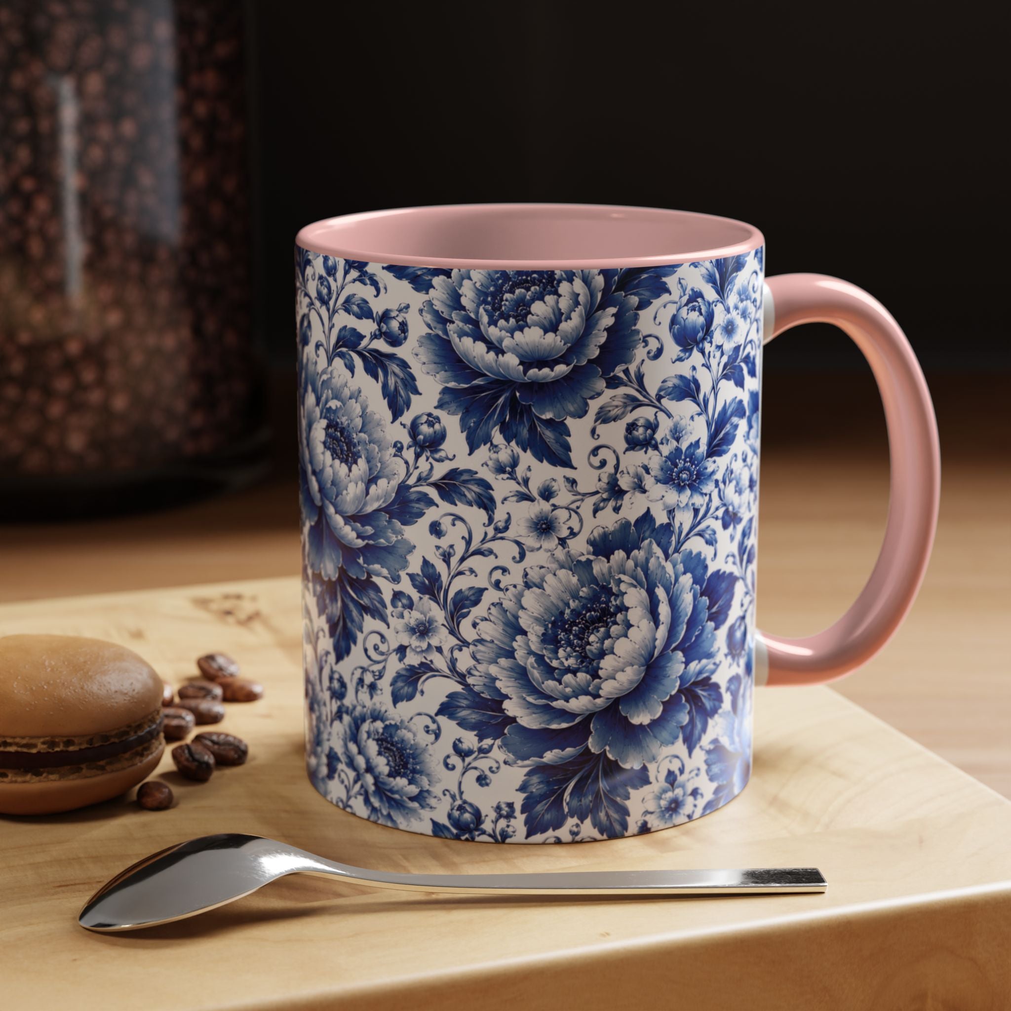 Blue Floral Ceramic Coffee Mug — Vintage Delft Peony Accent (11oz & 15oz) Blue & White Chinoiserie Tea Mug