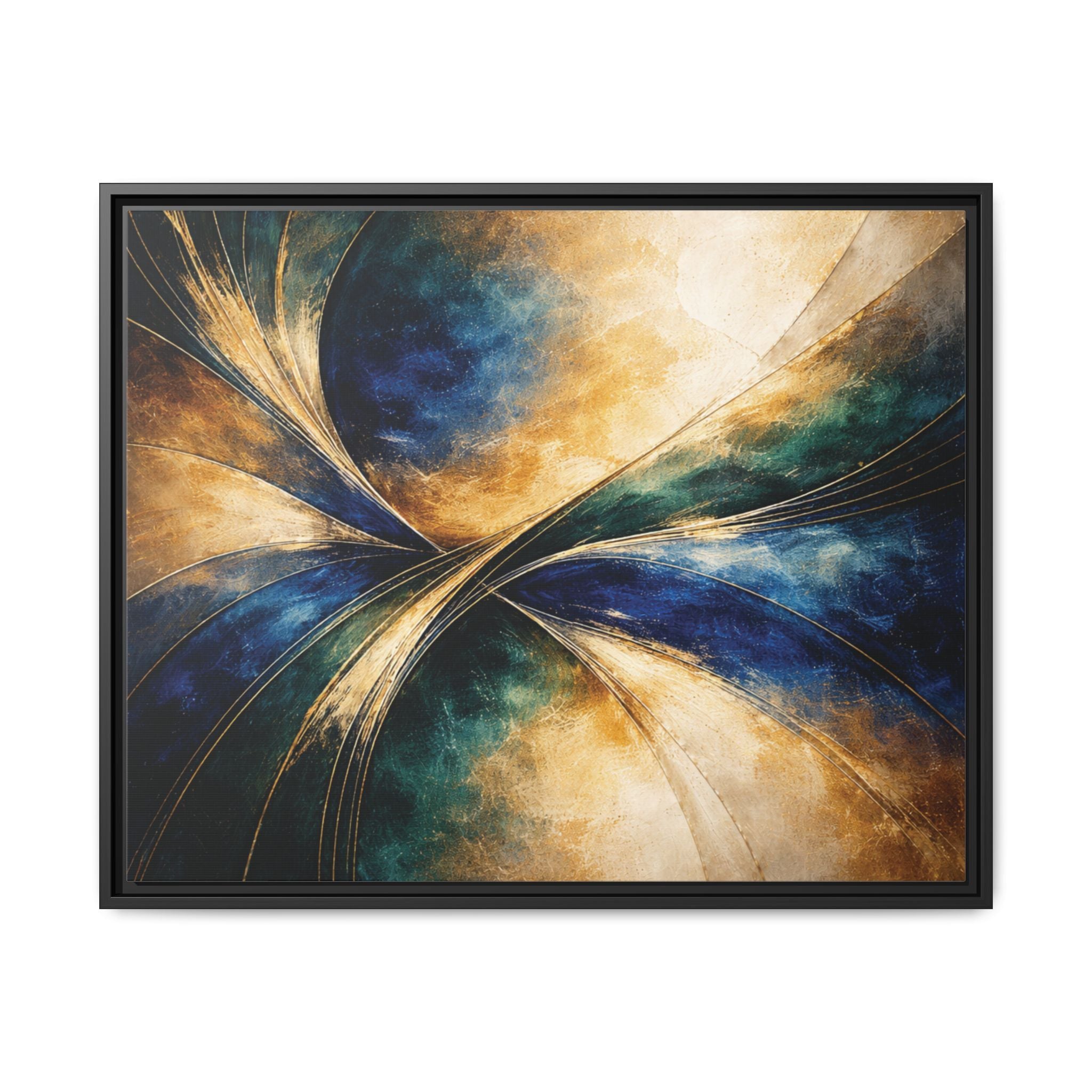Gilded Convergence  Luxe NeoDeco Blue & Gold Abstract Wall Art Framed