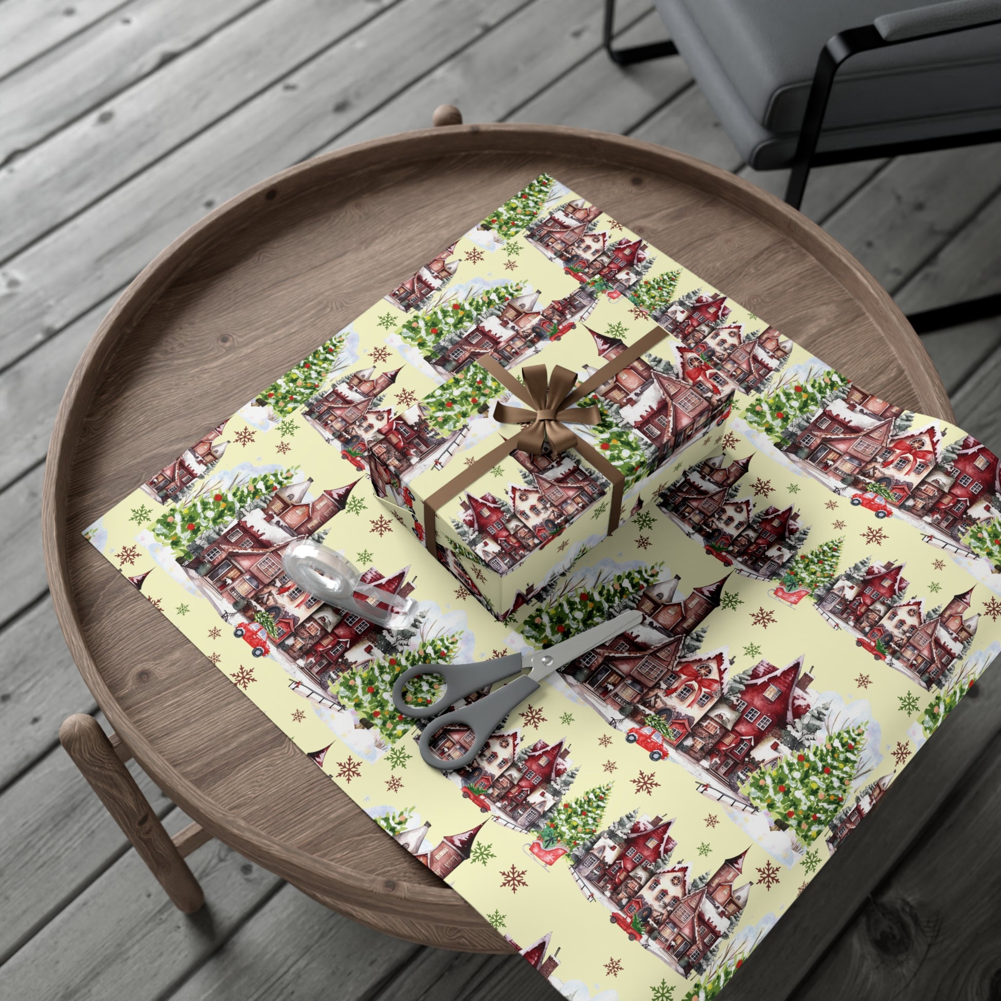 Christmas Village Wrapping Paper Whimsical Winter Wonderland with Pastel Trees, Snowflakes, and Festive Gifts Perfect for a Magical Holiday Season in Matte/Satin, All Occasion - MRSBYVALLE