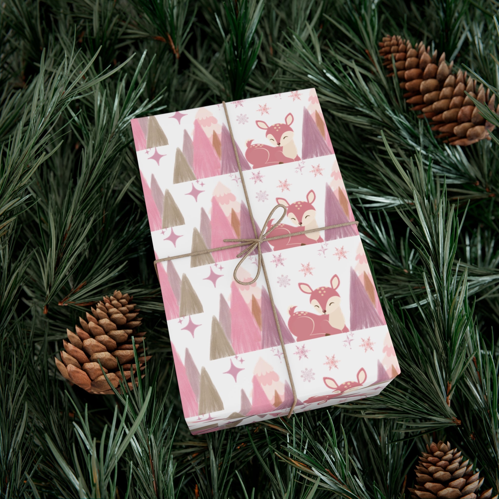 Pink and Lavender Deer Wrapping Paper, Whimsical Christmas Gift Wrap, Pastel Holiday Paper, Winter Wonderland Theme, Elegant Xmas Packaging