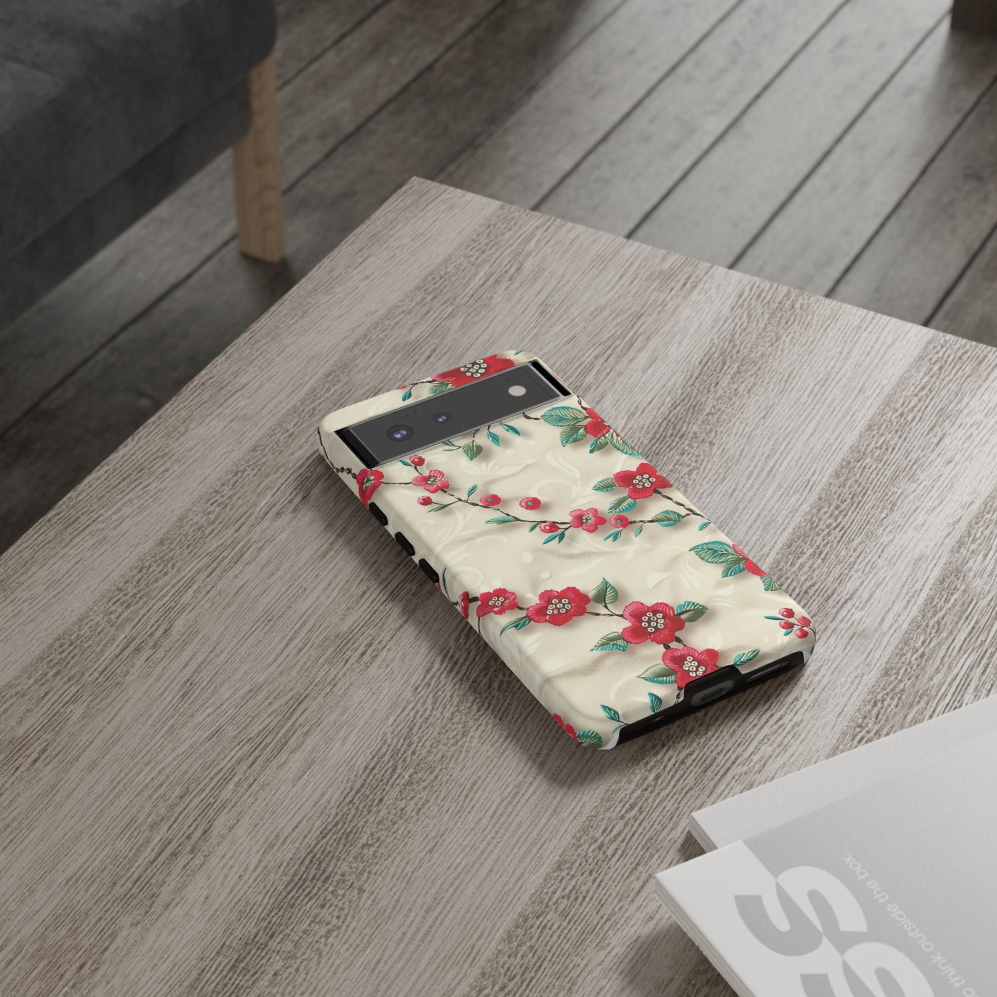 3D Embroidery Illusion Red Flowers Phone Case for iPhone, Samsung Pixel Artistic Floral Protection 15 14 13 12, 21 23 Gift for Her Perfect for Floral Lover
