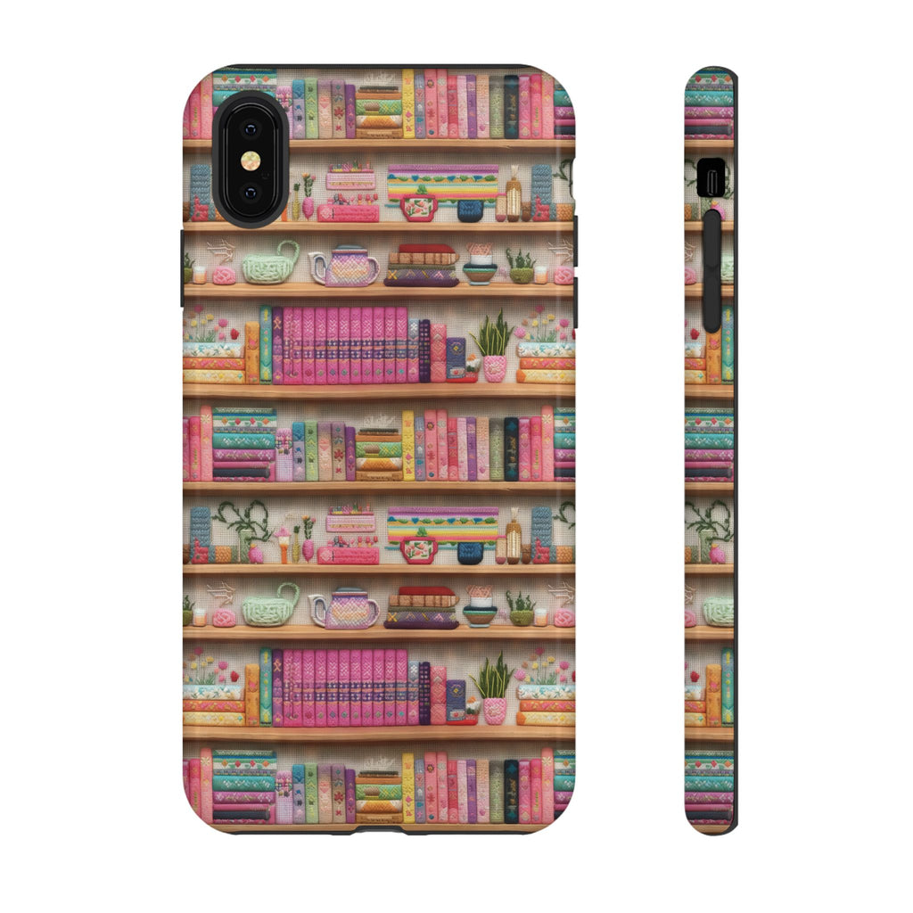 Whimsical 3D Embroidery Illusion Books on Pastel Shelves Phone Case for iPhone, Samsung & Pixel: Unique Accessory for Literary Enthusiasts Gift for Her Perfect for Floral Lover