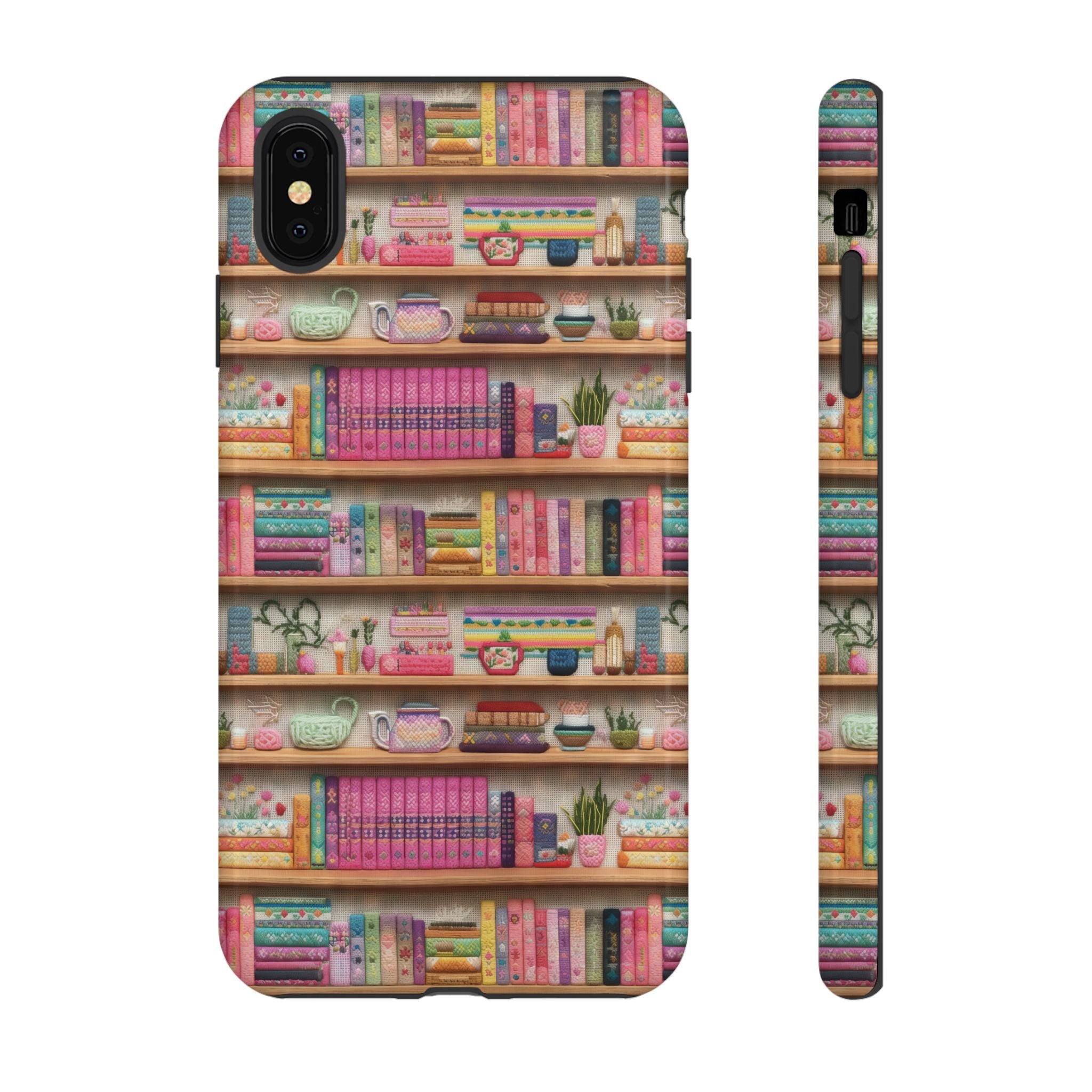 Whimsical 3D Embroidery Illusion Books on Pastel Shelves Phone Case for iPhone, Samsung & Pixel: Unique Accessory for Literary Enthusiasts Gift for Her Perfect for Floral Lover