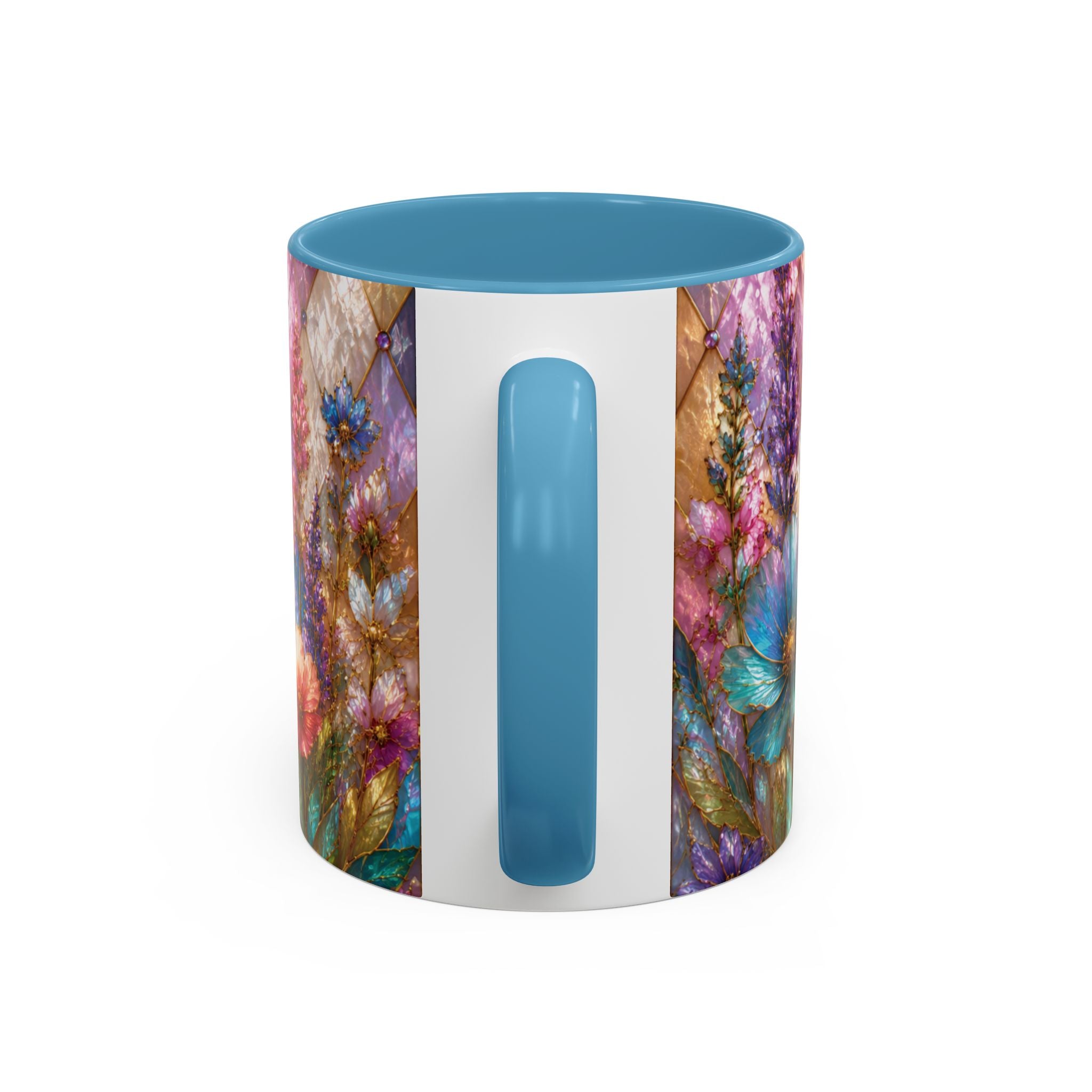 Floral Mosaic Accent Coffee Mug — Colorful Garden Flowers 11/15oz Stain Glass Illusion