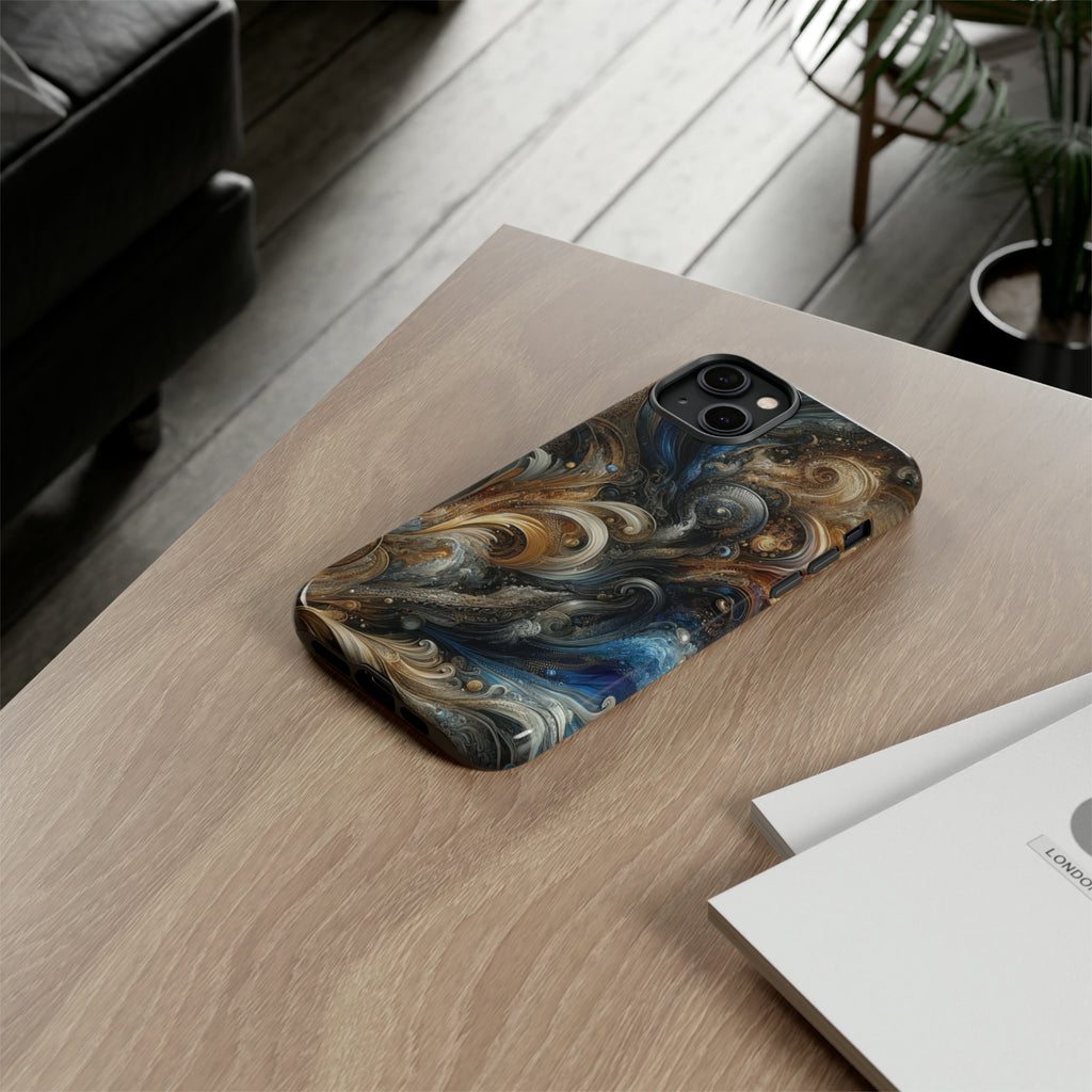 Gold and Navy Art Design Luxury Phone Tough Case Floral Elegant Durable Stylish for Modern Devices iPhone 15, Samsung iPhone Samsung Accessory Gift for Her.