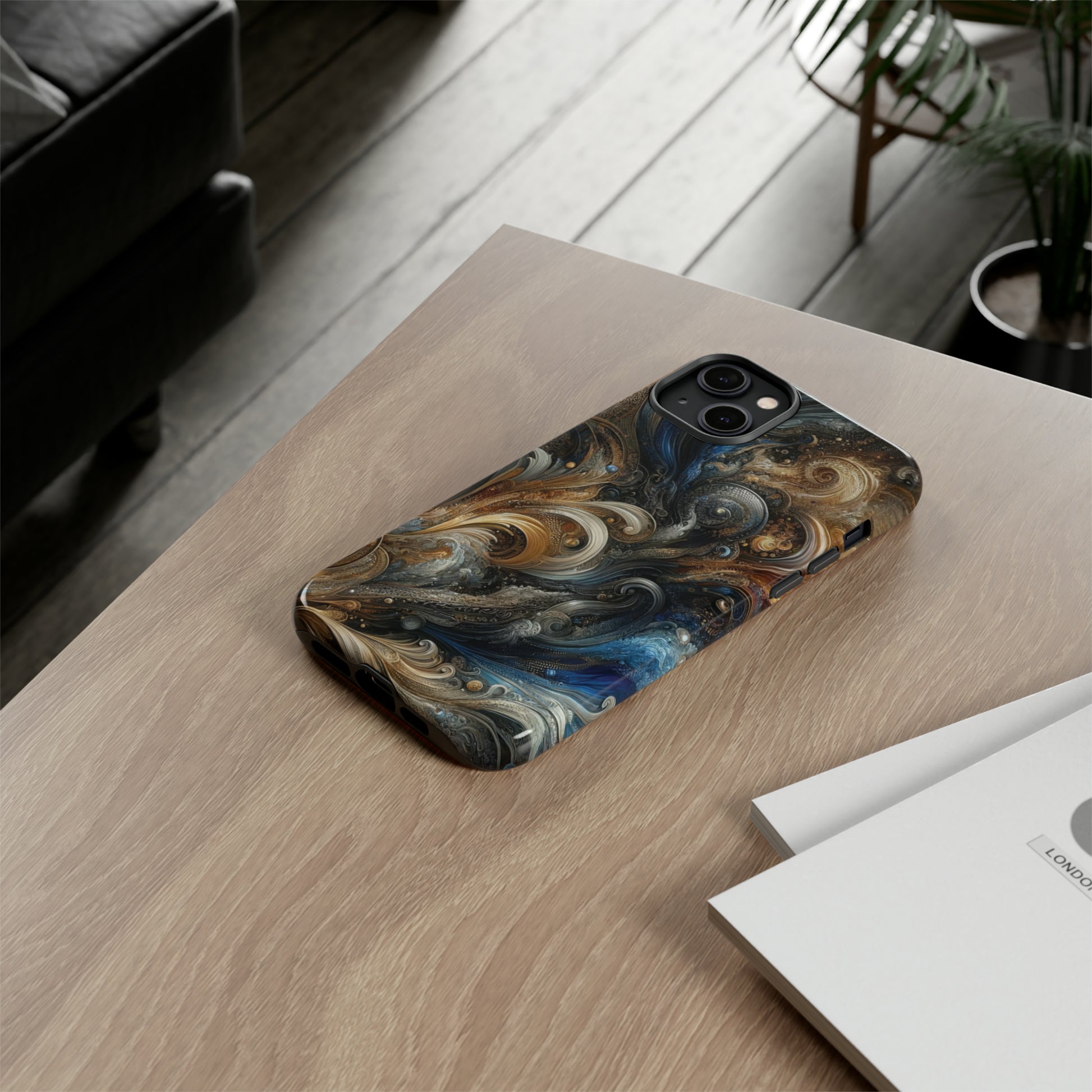 Gold and Navy Art Design Luxury Phone Tough Case Floral Elegant Durable Stylish for Modern Devices iPhone 15, Samsung iPhone Samsung Accessory Gift for Her.