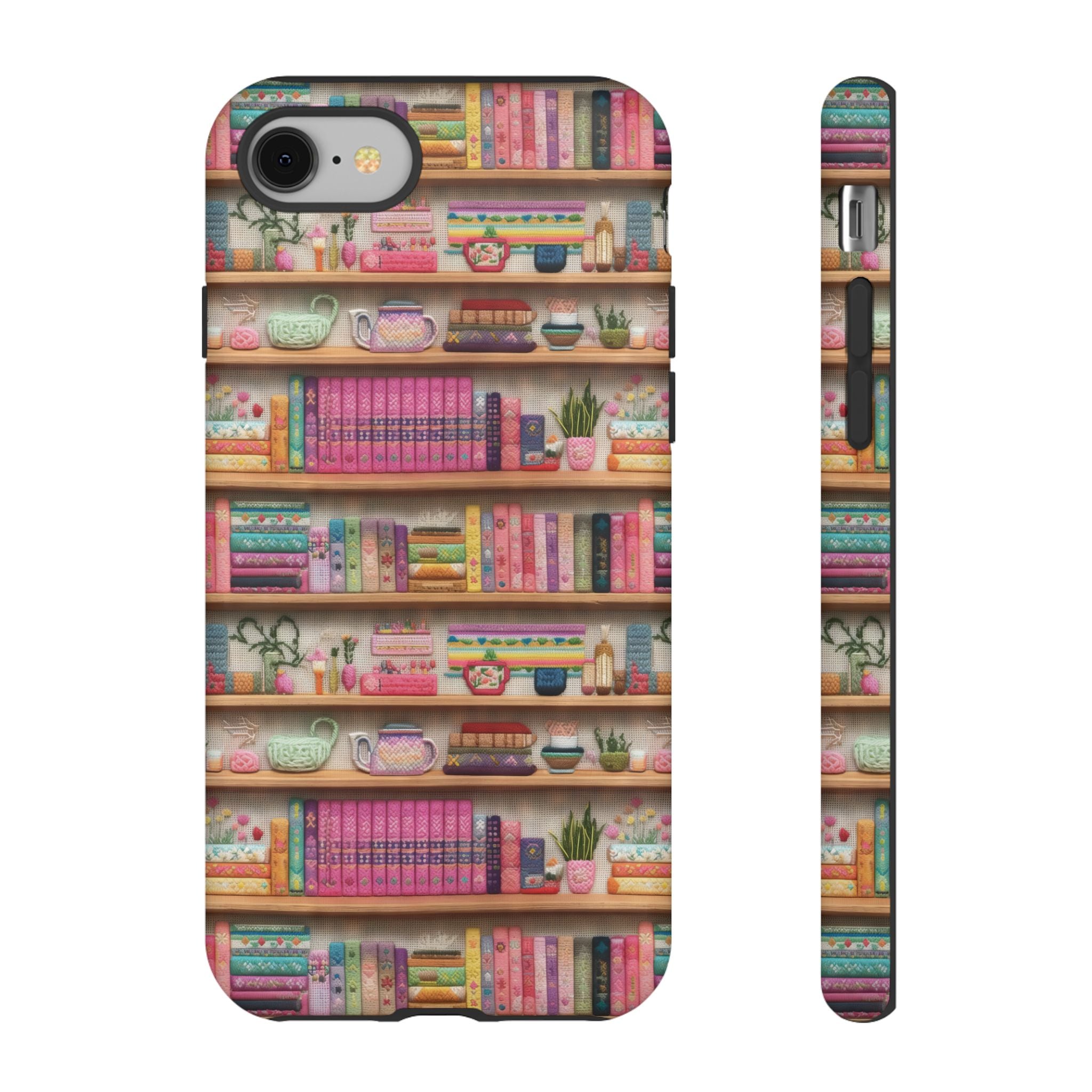 Whimsical 3D Embroidery Illusion Books on Pastel Shelves Phone Case for iPhone, Samsung & Pixel: Unique Accessory for Literary Enthusiasts Gift for Her Perfect for Floral Lover