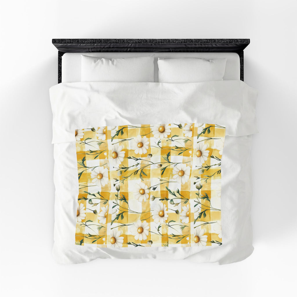 Pastel Yellow Daisy Checker Velveteen Plush Blanket — Spring Floral Cozy Throw