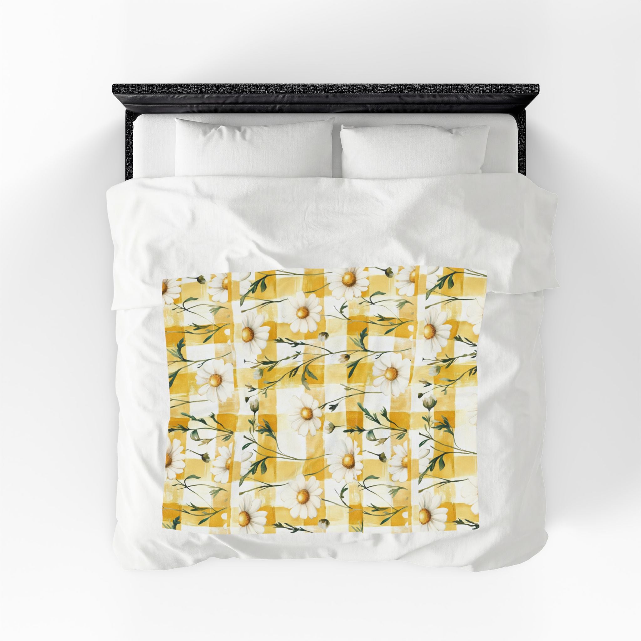 Pastel Yellow Daisy Checker Velveteen Plush Blanket — Spring Floral Cozy Throw