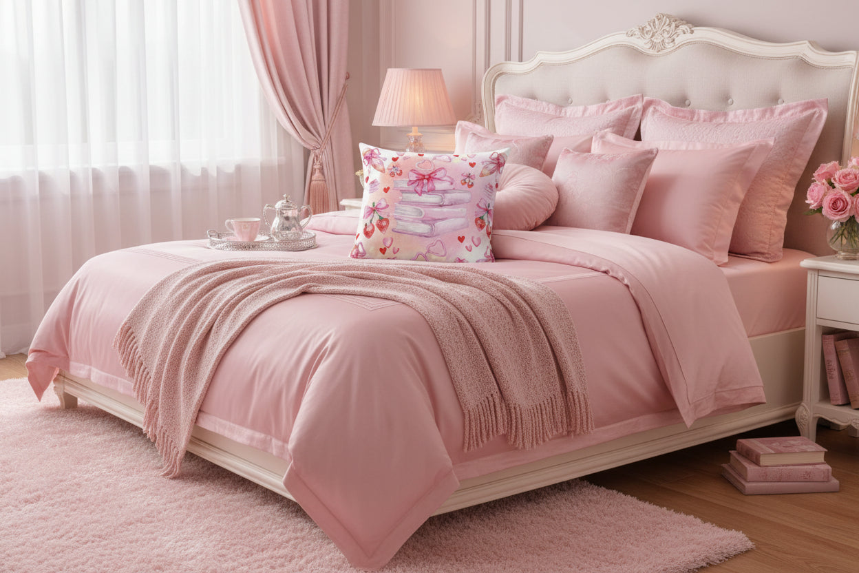 Decorative pillow with pink bows, books, and hearts on a light pink background