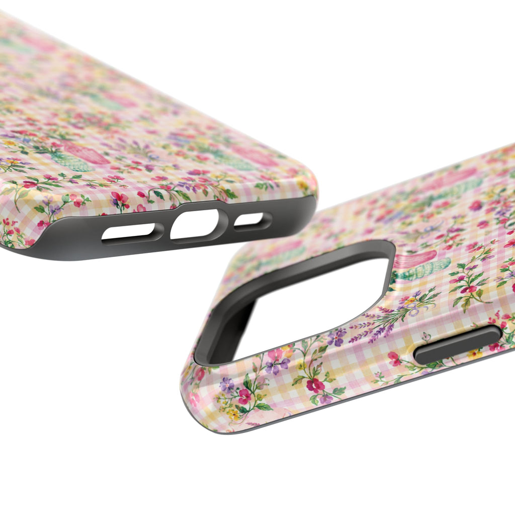 Turquoise & Pink Floral Checker Phone Case — Magnetic Impact-Resistant