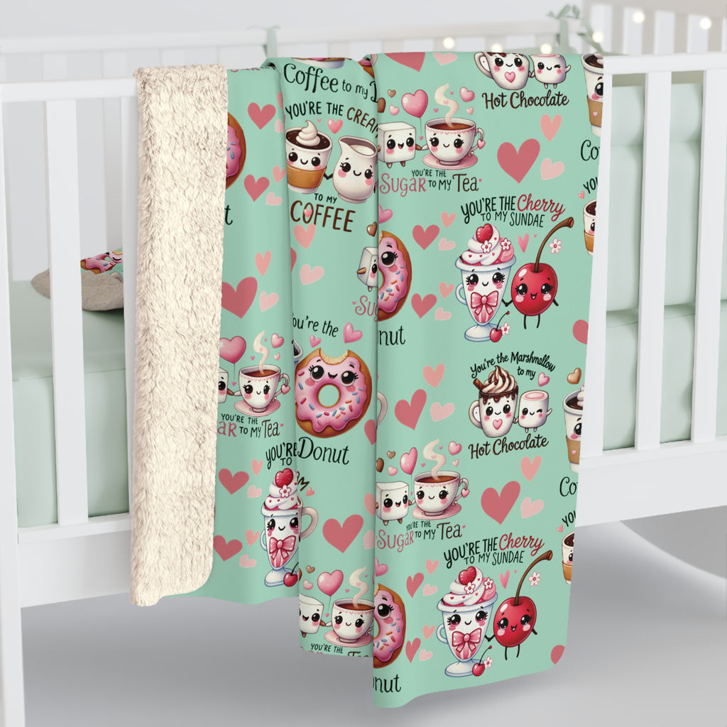 Sherpa Fleece Blanket Snuggle Up with Kawaii Charm Featuring Cute Coffee Donuts – 'You're My Cream to My Coffee' Perfect for Cozy Moments & Gift Giving