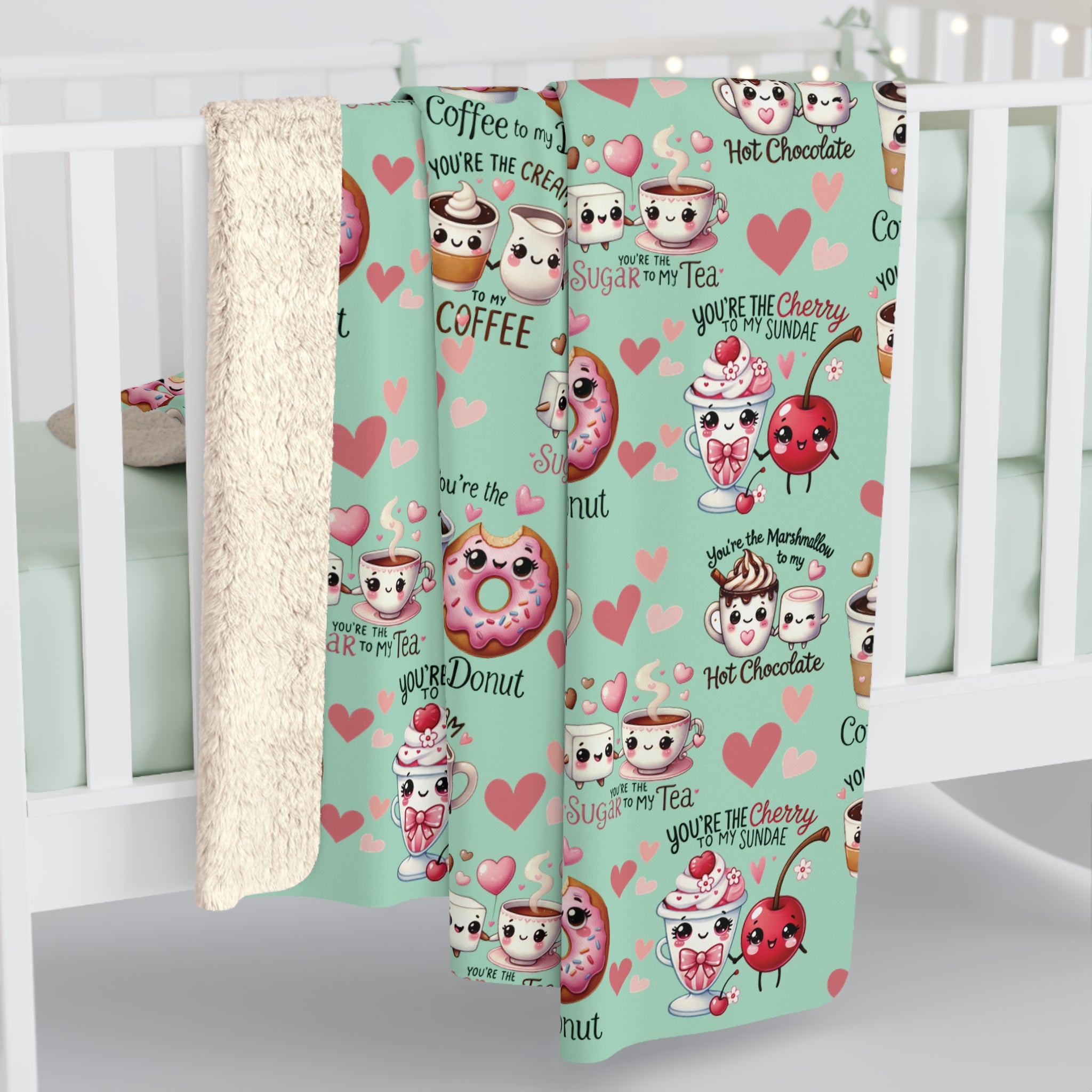 Sherpa Fleece Blanket Snuggle Up with Kawaii Charm Featuring Cute Coffee Donuts – 'You're My Cream to My Coffee' Perfect for Cozy Moments & Gift Giving