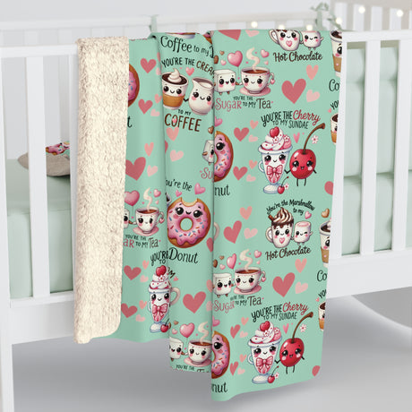 Sherpa Fleece Blanket Snuggle Up with Kawaii Charm Featuring Cute Coffee Donuts – 'You're My Cream to My Coffee' Perfect for Cozy Moments & Gift Giving