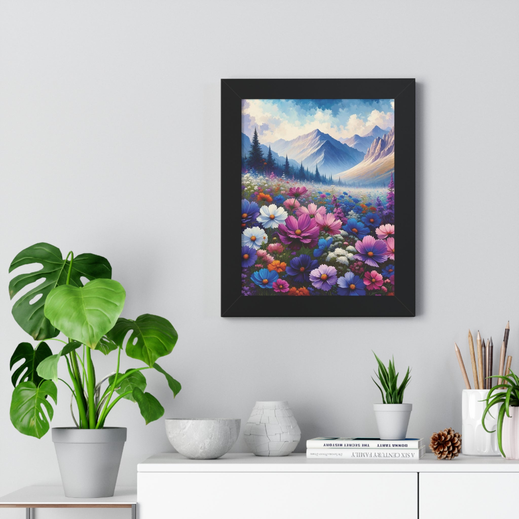 Wall Art Beautiful Wildflowers and Mountains Wildflower Art Watercolor Floral Framed Canvas Print Wall Art  Classic Encased in Black, White, or Walnut Frames with Durable Acrylic Protection Ready to Hang  Timelessly Crafted..