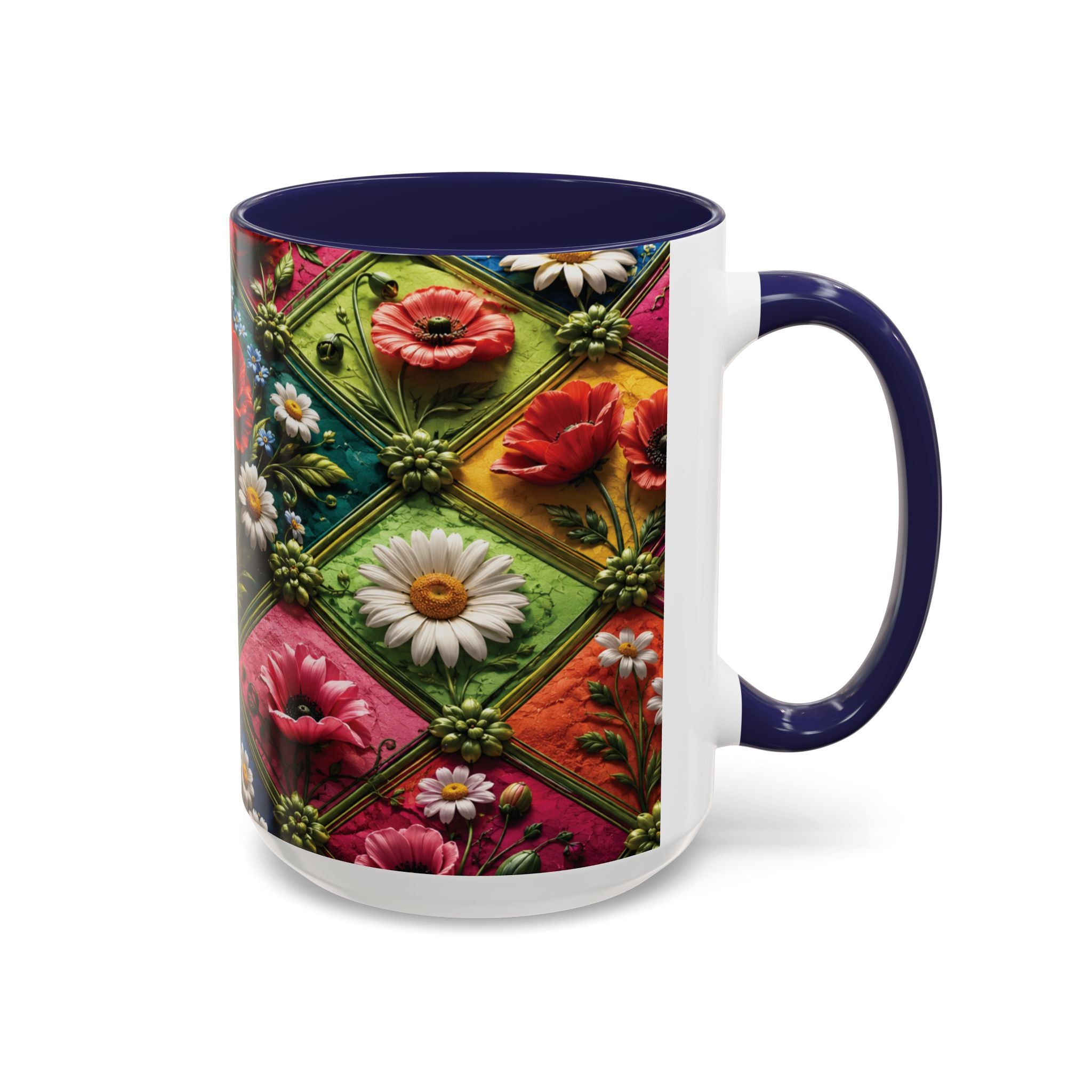 Floral Patchwork Accent Coffee Mug — Colorful Poppies & Daisies (11/15oz) 3D Illusion