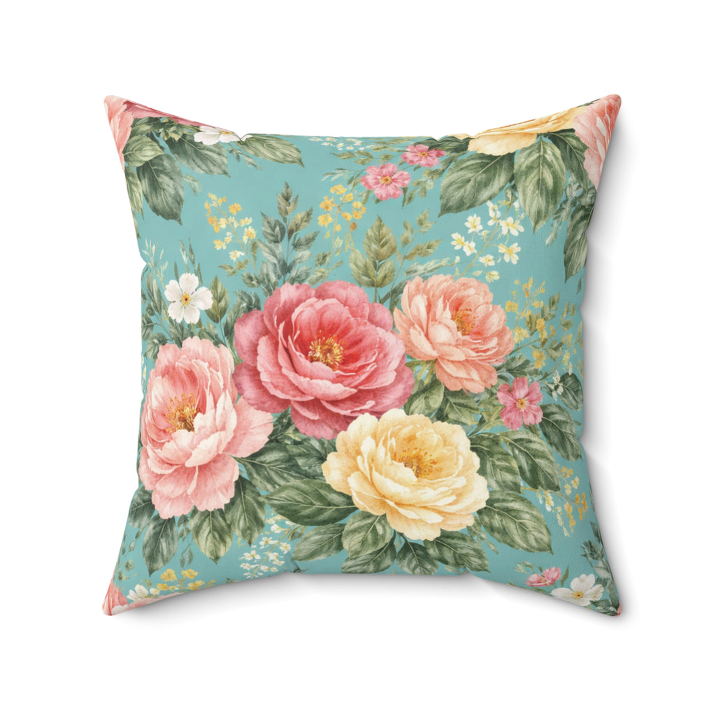 Floral Lagoon Roses Throw Pillow — Decorative Square Accent Cushion for Home & Office