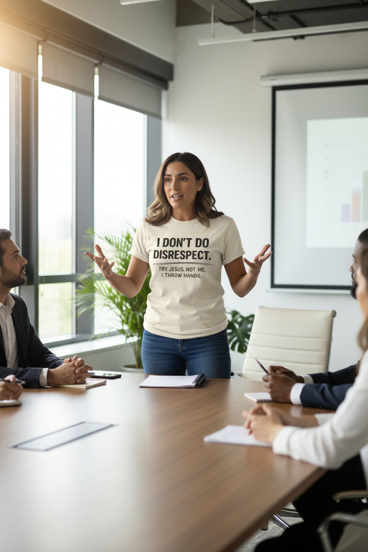 Beige t-shirt with black text on a white background