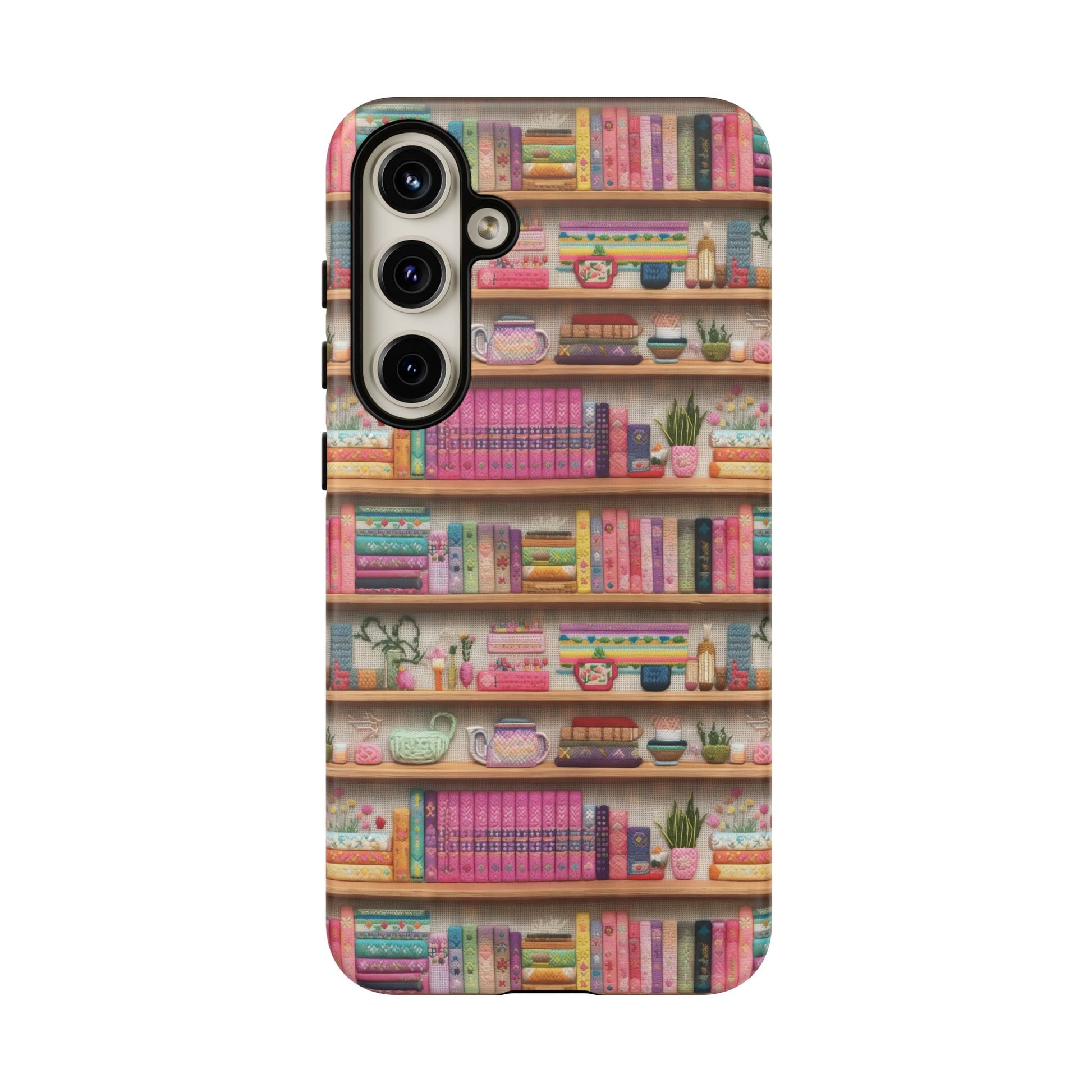 Whimsical 3D Embroidery Illusion Books on Pastel Shelves Phone Case for iPhone, Samsung & Pixel: Unique Accessory for Literary Enthusiasts Gift for Her Perfect for Floral Lover