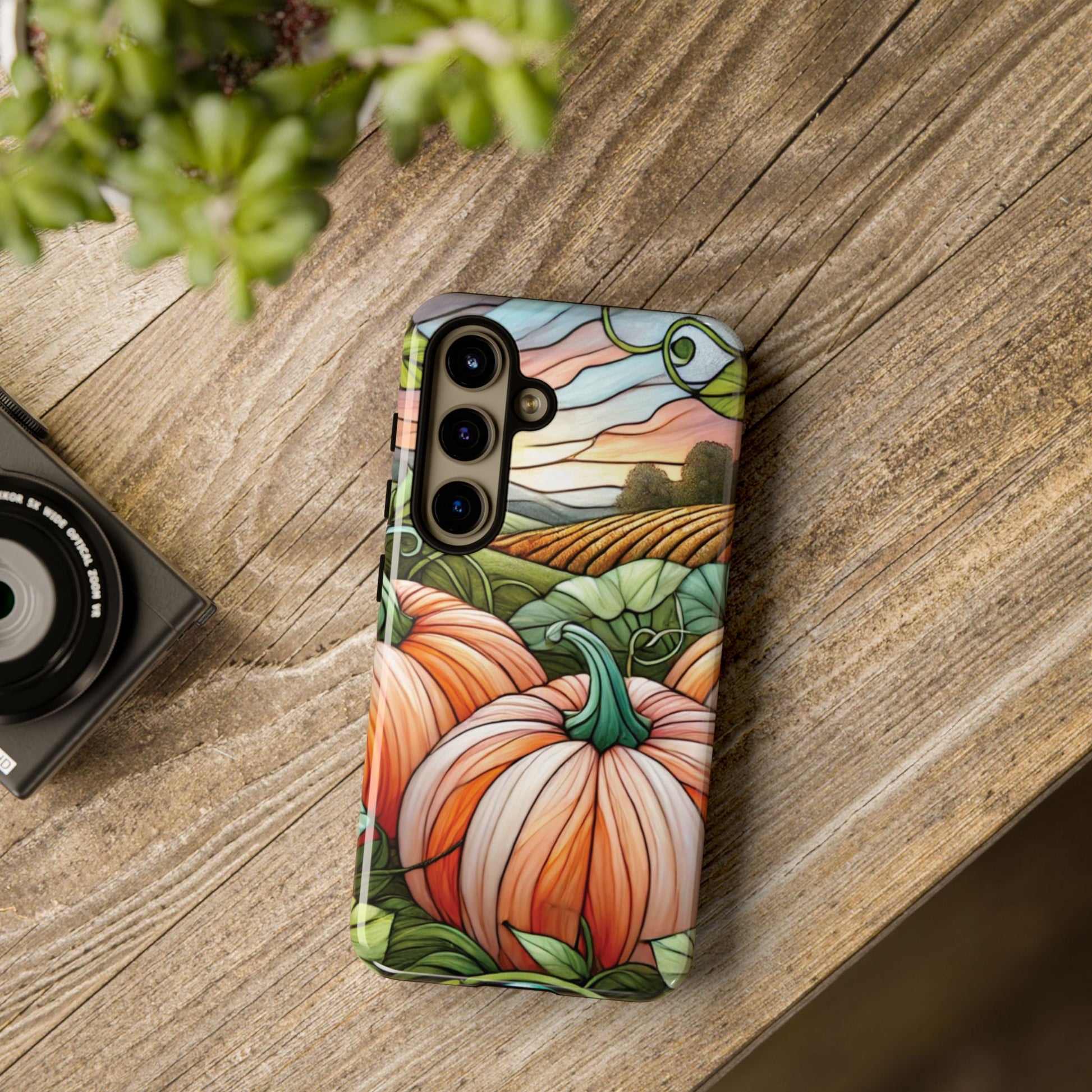 Pumpkins Phone Case Fall Faux Stained-Glass Thanksgiving Cover Pumpkin Lovers Gift for Galaxy S 24 23 22 21 Pixel 5 6 7 8 iPhone 17 , 16 15 14 13 12 Samsung iPhone Samsung Gift for Her