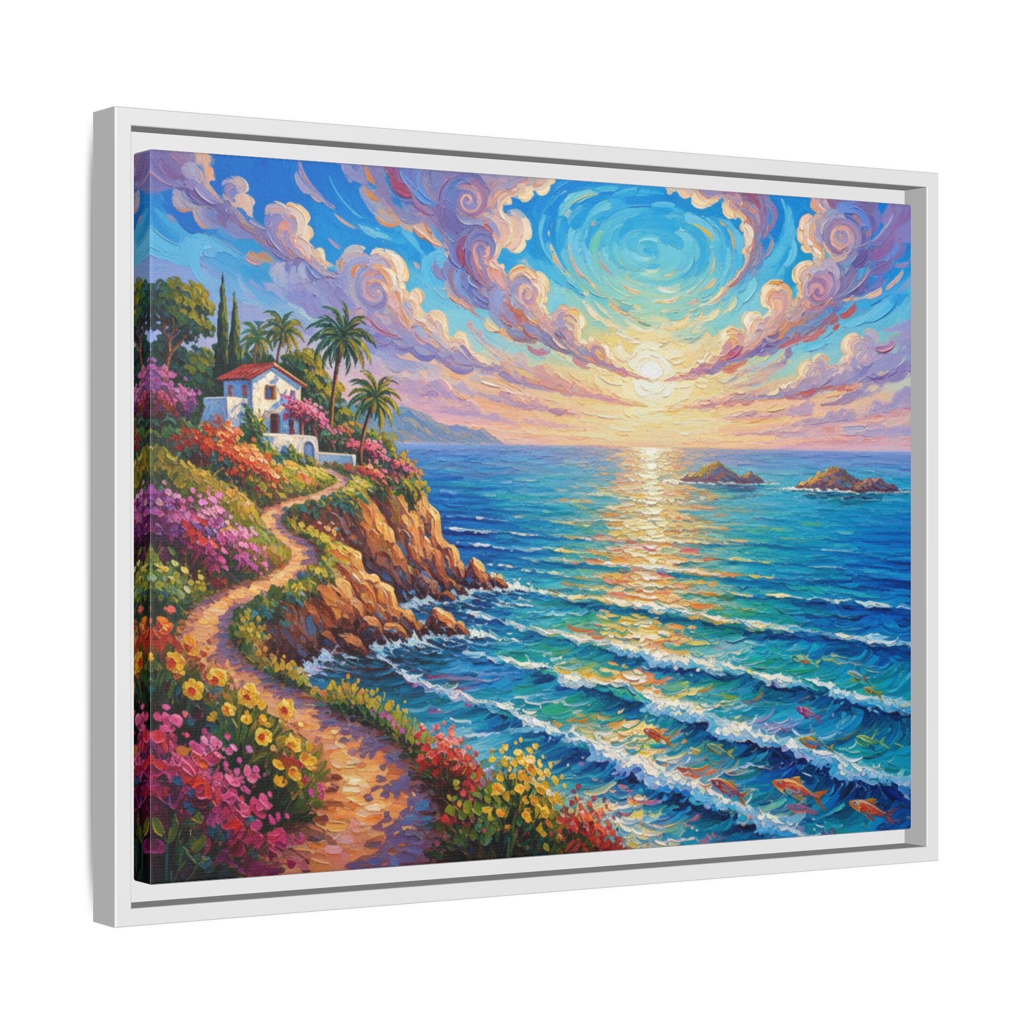 Toile imprimée florale océanique | Décoration murale colorée et lumineuse de paysage marin, œuvre d'art de bureau encadrée et mate