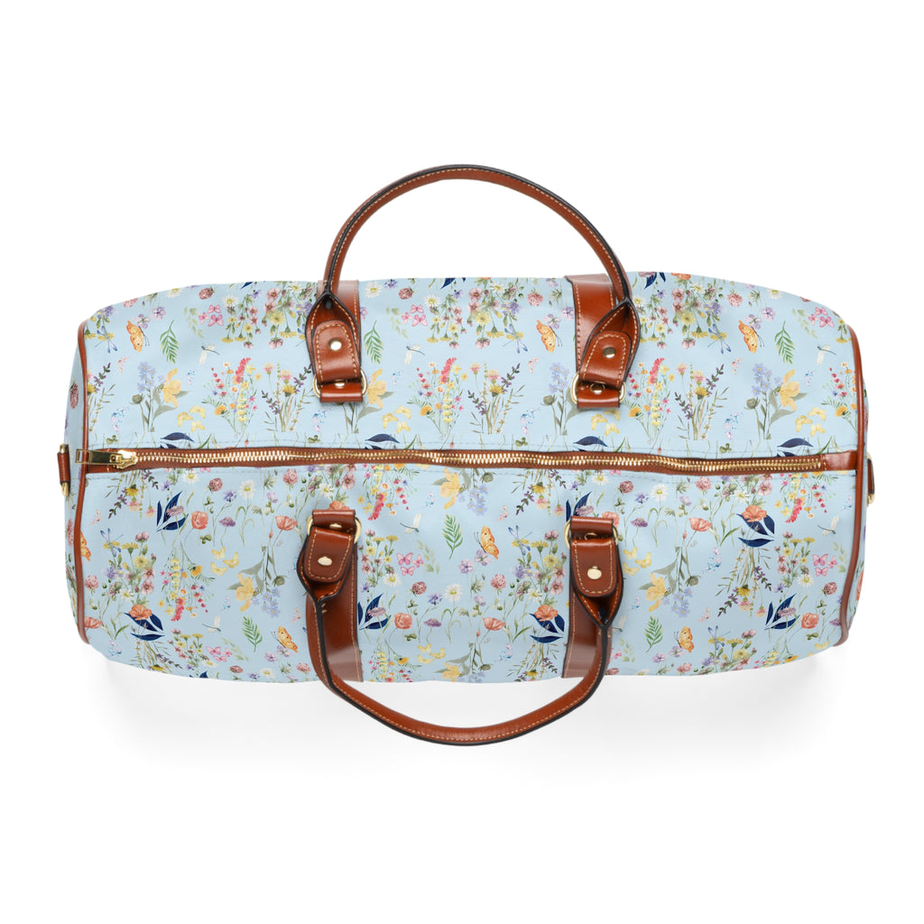Icy Blue Floral Waterproof Travel Duffel  Watercolor Wildflowers Carry-On Bag