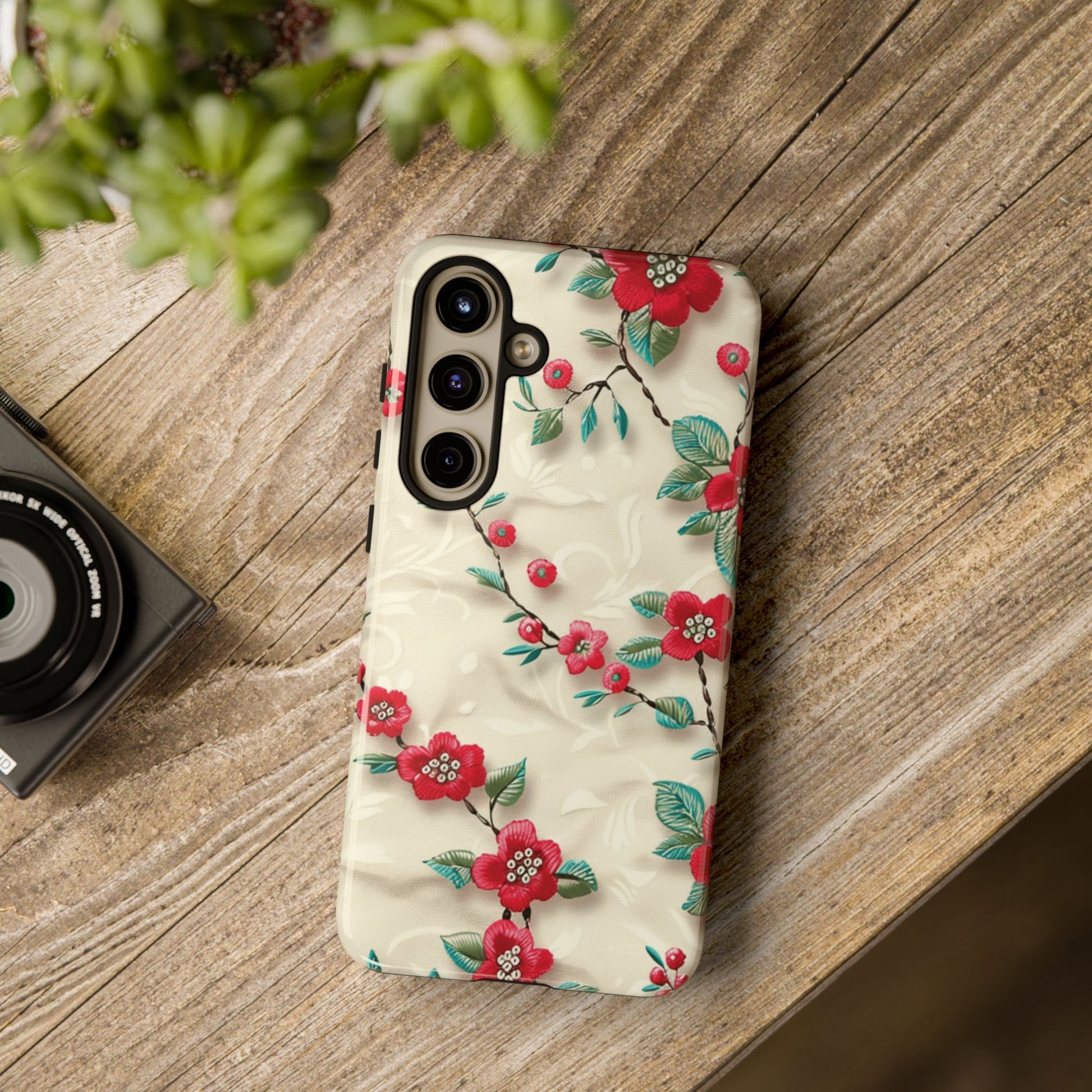 3D Embroidery Illusion Red Flowers Phone Case for iPhone, Samsung Pixel Artistic Floral Protection 15 14 13 12, 21 23 Gift for Her Perfect for Floral Lover