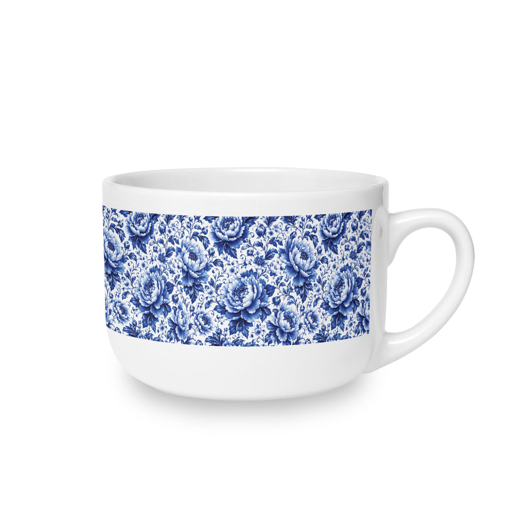 Blue & White Chinoiserie Peony 25 oz Ceramic Latte Mug | Elegant Floral Coffee Cup