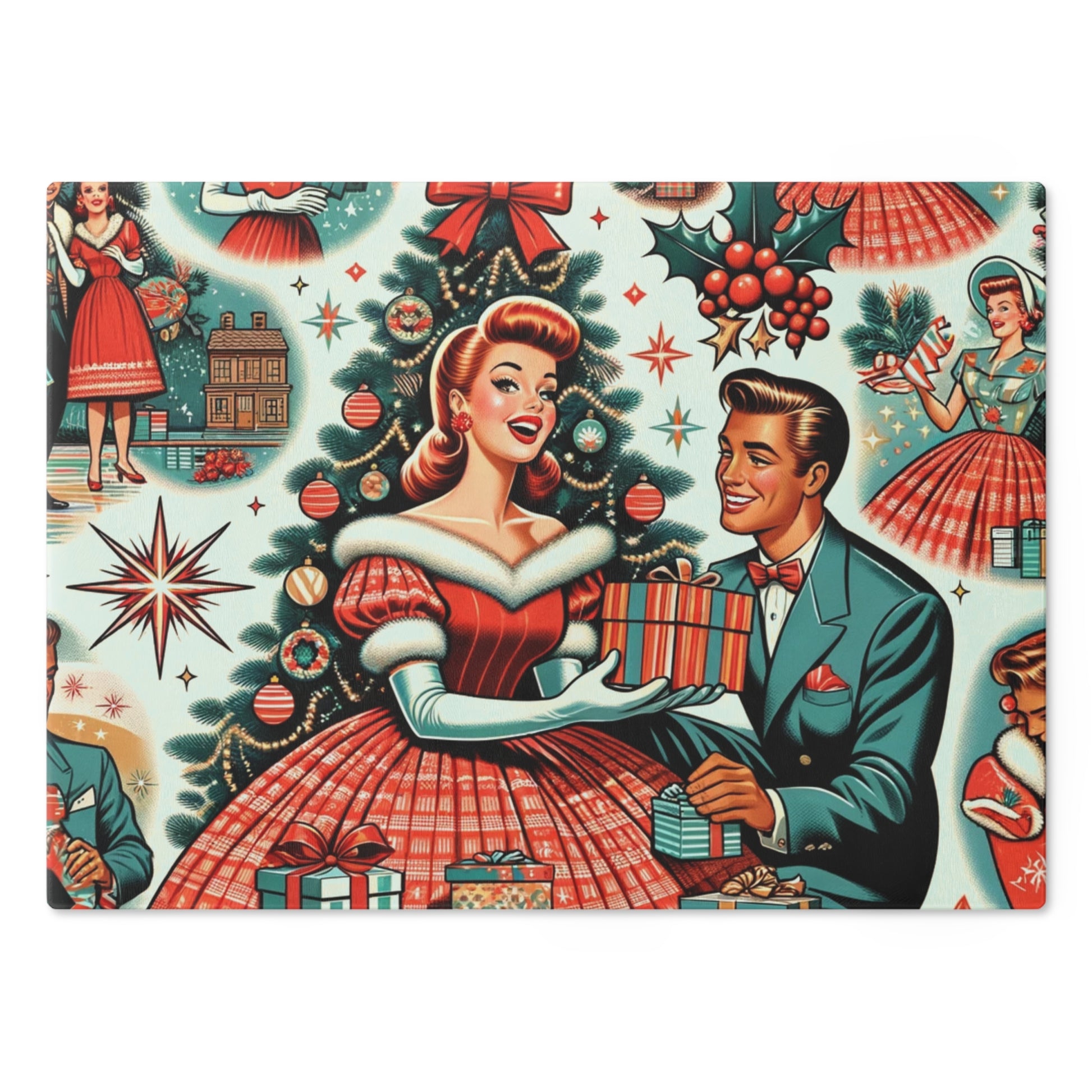 Vintage Charm Glass Cutting Board Retro 50s Starburst Kitsch Art Design Tempered Glass Cutting Board Durable Kitchen Decor with Elegant Design, Housewarming, New House Gift - MRSBYVALLE