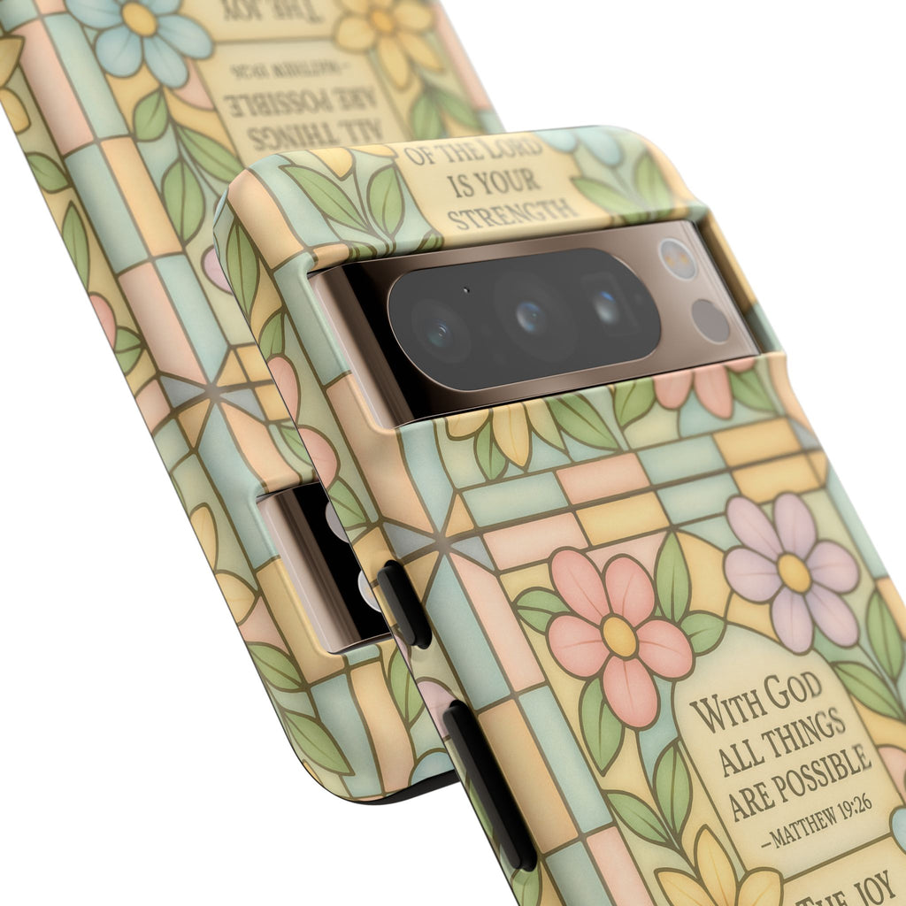 Pastel Stained Glass Bible Verse Phone Case Christian Affirmation Cover, Soft Geometric Design, iPhone Samsung Google, Faith Gift for Her Bible Verse or Affirmation | Protective, Inspirational Gift for Christians