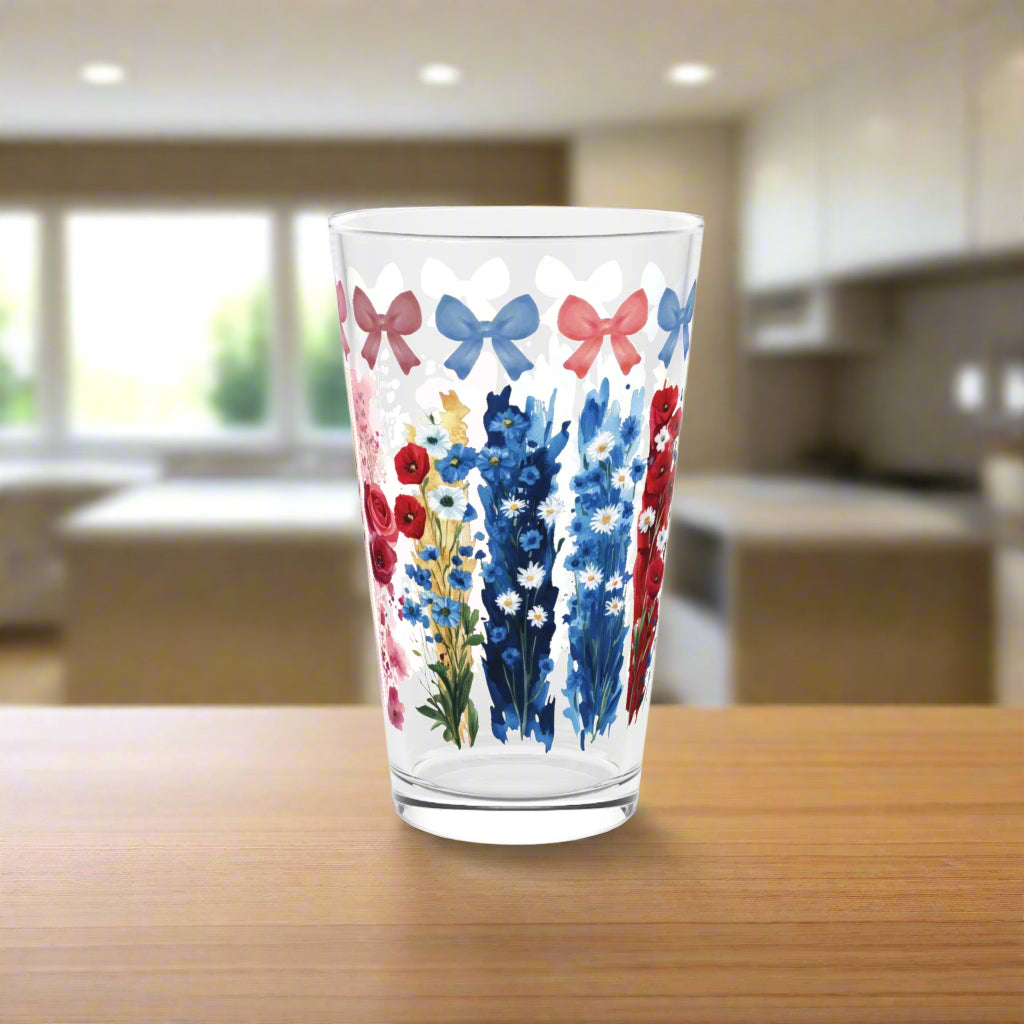 Coquette 16oz Pint Glass Pink Blue Bows, Brushstroke Floral Illusion, Aesthetic Drinkware, Feminine Cottagecore Gift for Her Home Decor