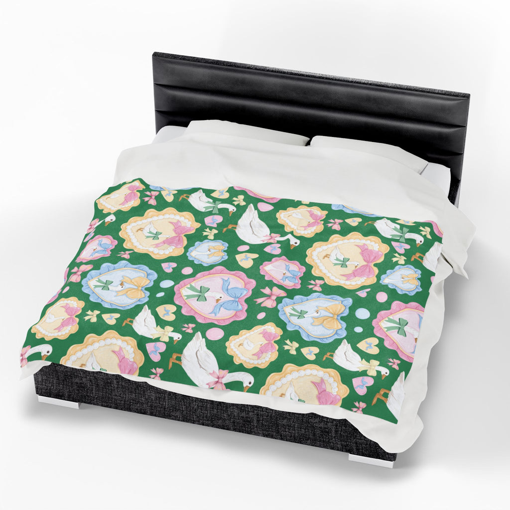 Couverture polaire en velours vert "Silly Goose" — Plaid douillet à nœuds et cœurs pastel