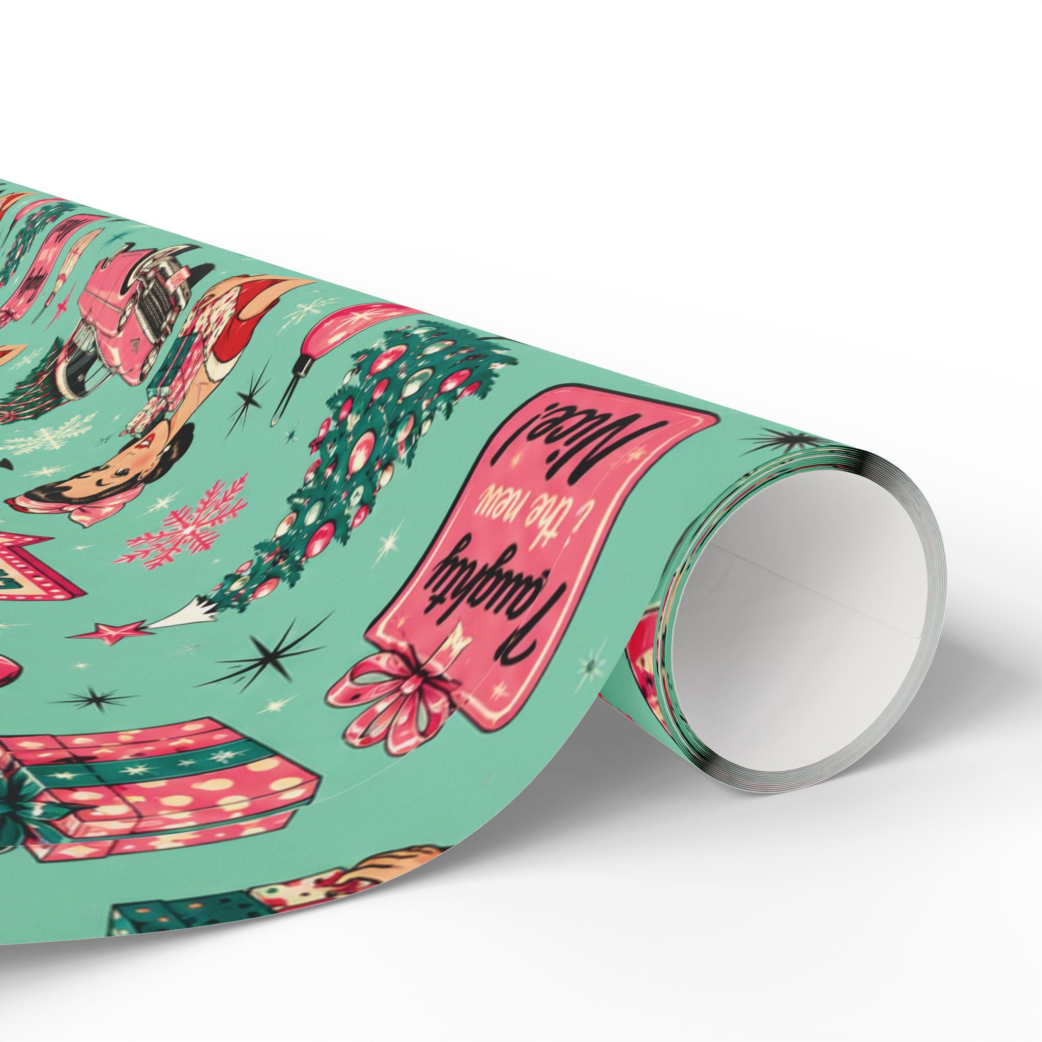 Funny Retro Christmas Wrapping Paper  Vintage Pink Holiday Gift Wrap  Mid Century Christmas Gifts Cute Nostalgic Xmas Paper