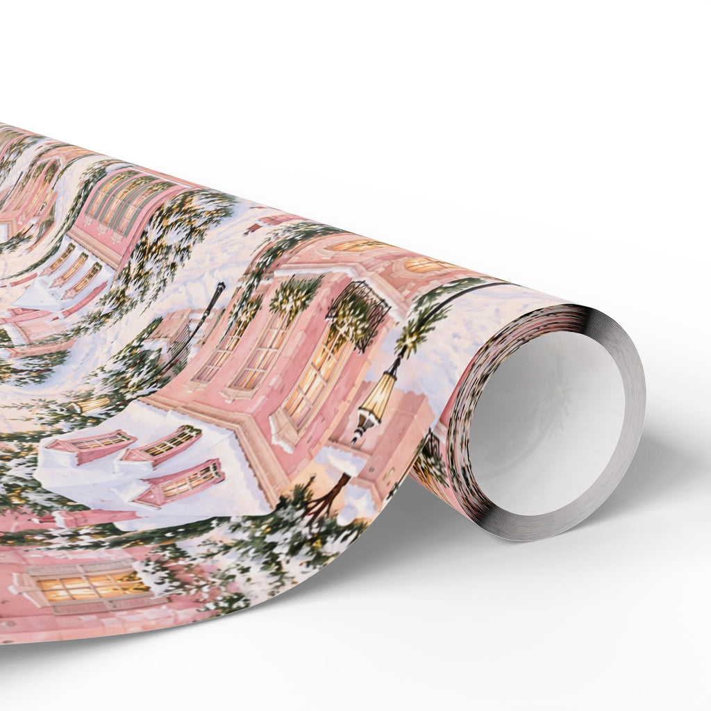 Wrapping Paper — Pink Snowy Village Holiday Gift Wrap (Festive Cottage Pattern)