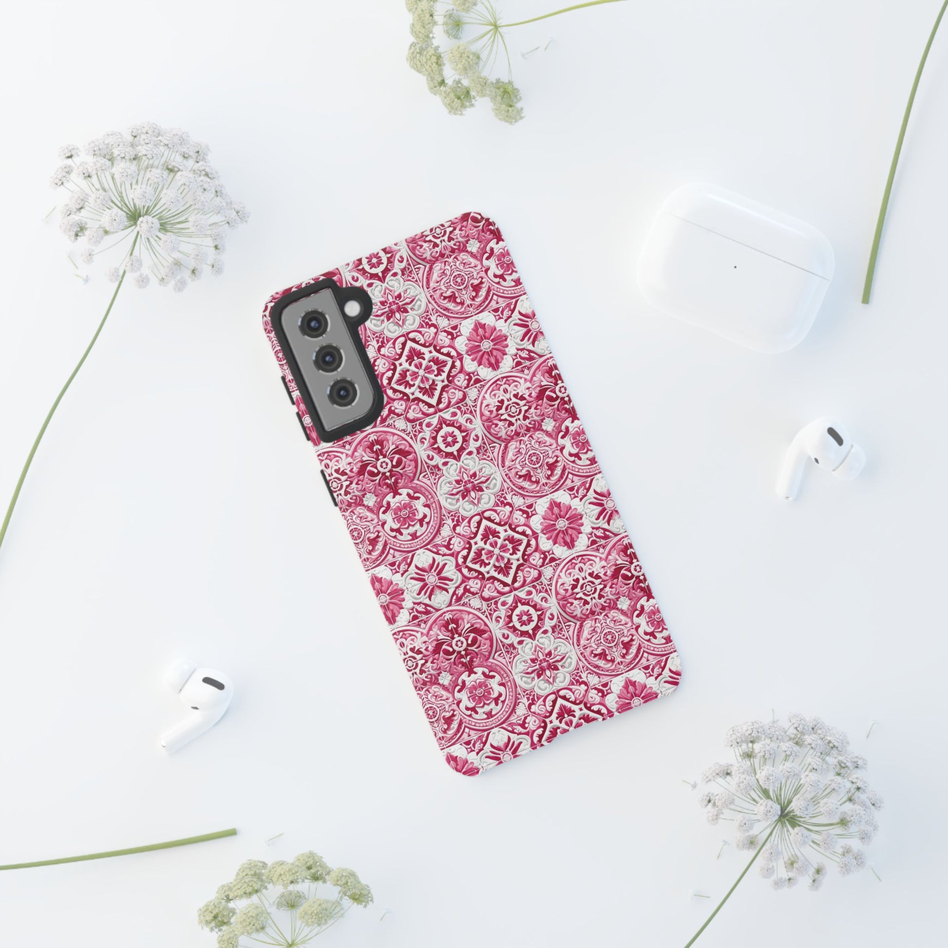 Pink and White Mediterranean Tile Design Phone Case - Stylish, Protective Cover for All Models Gift for Mom Accessory Gift for Her