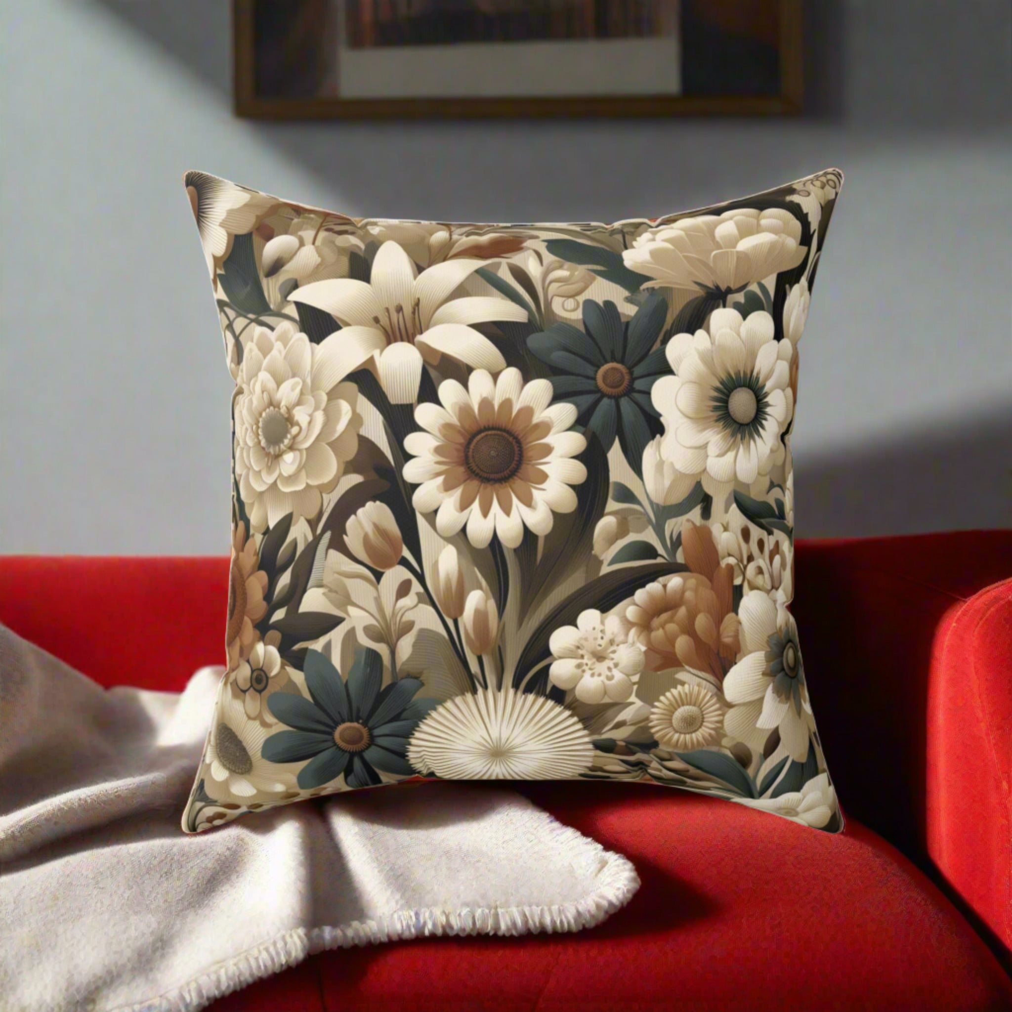 Mid-century Modern Floral Square Pillow Elegant Holiday Decor Perfect for all Seasonal Decorations Perfect Accent for Living Rooms, Bedrooms, Soft, Durable, Pillow Gift New House, Bridal Shower Gift - MRSBYVALLE