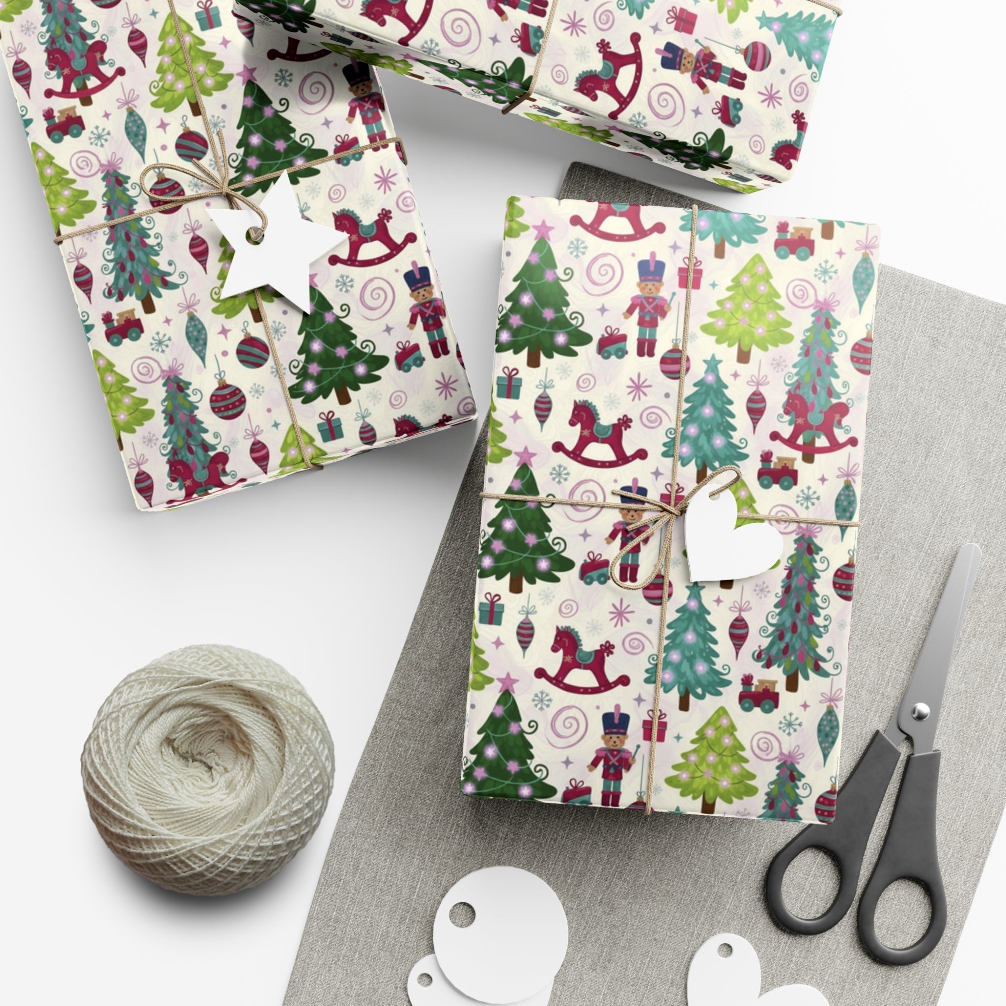 Festive Christmas wrapping paper with toys, trees & holiday icons. Available in 3 sizes—perfect for gifts, parties & seasonal décor.