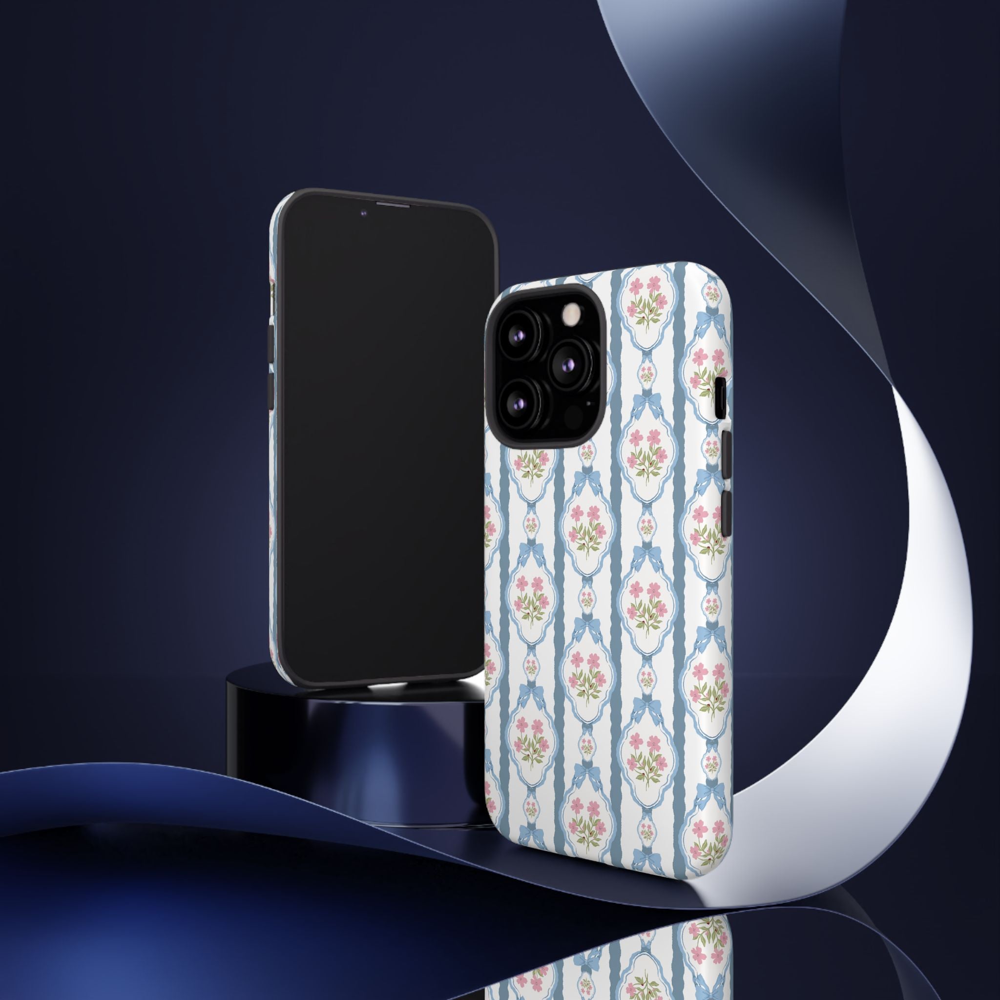Coque de téléphone Vintage Nœud Bleu et Rose — Motif floral romantique « Tough Cases »