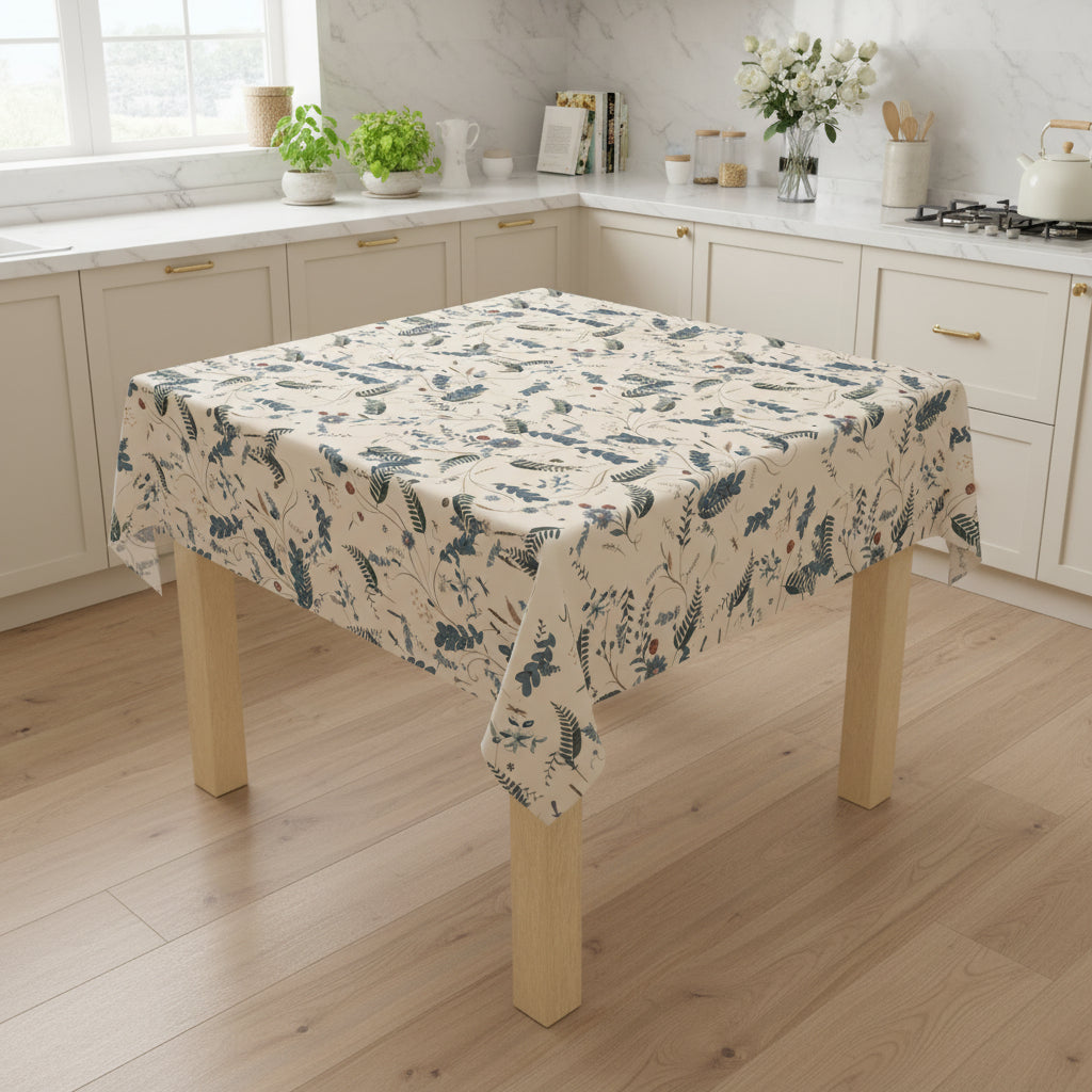 Table with a decorative tablecloth featuring feather pattern on a white background