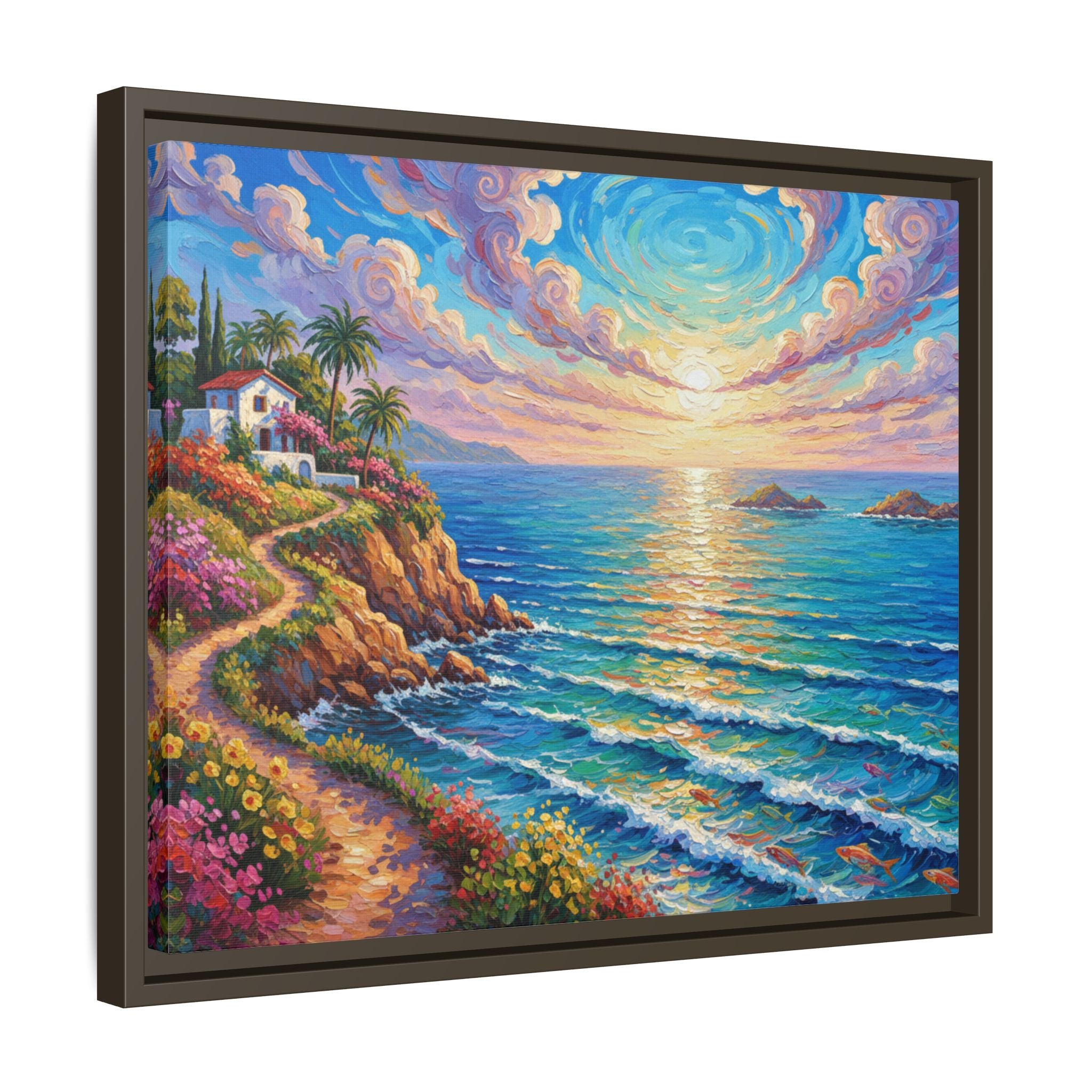 Toile imprimée florale océanique | Décoration murale colorée et lumineuse de paysage marin, œuvre d'art de bureau encadrée et mate