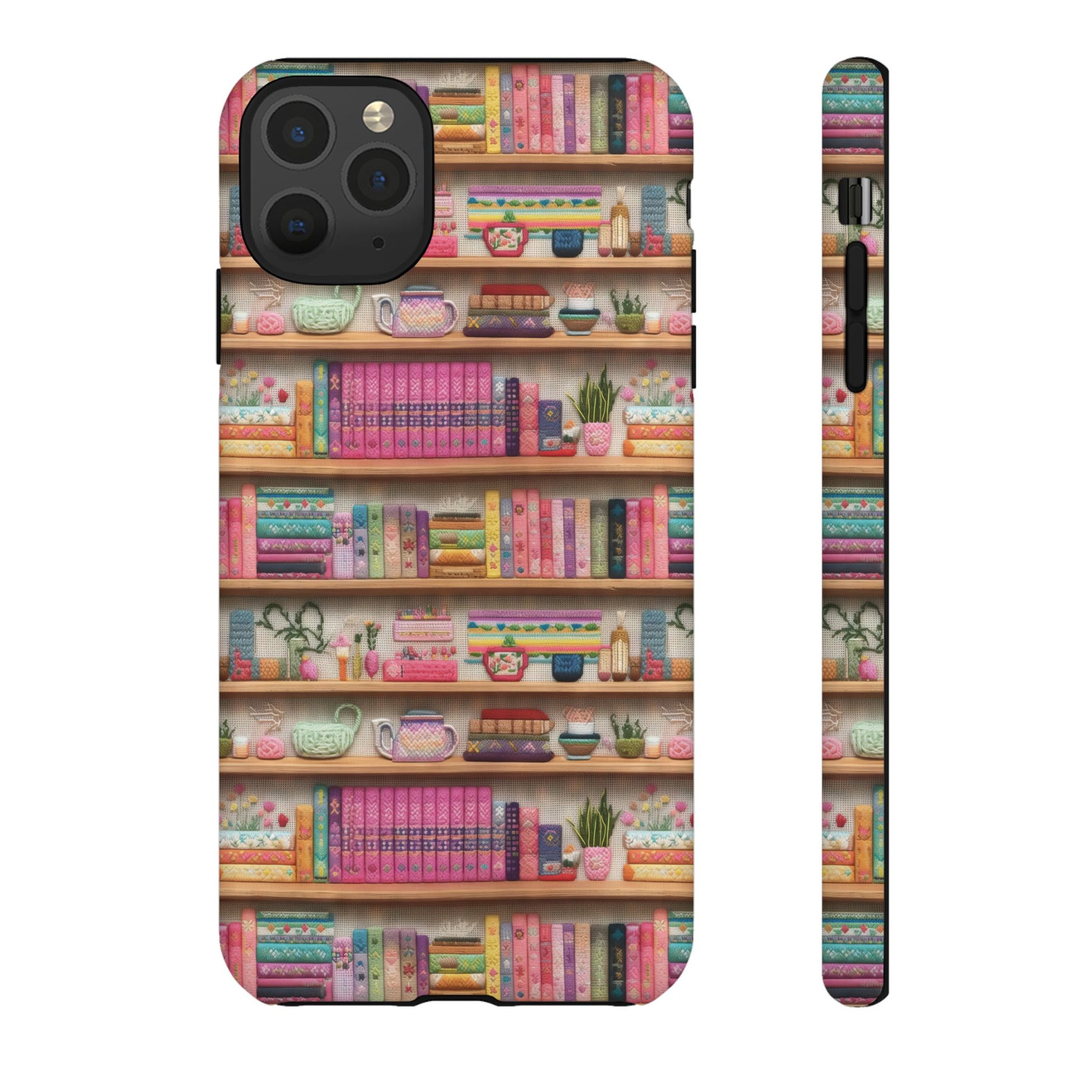 Whimsical 3D Embroidery Illusion Books on Pastel Shelves Phone Case for iPhone, Samsung & Pixel: Unique Accessory for Literary Enthusiasts Gift for Her Perfect for Floral Lover